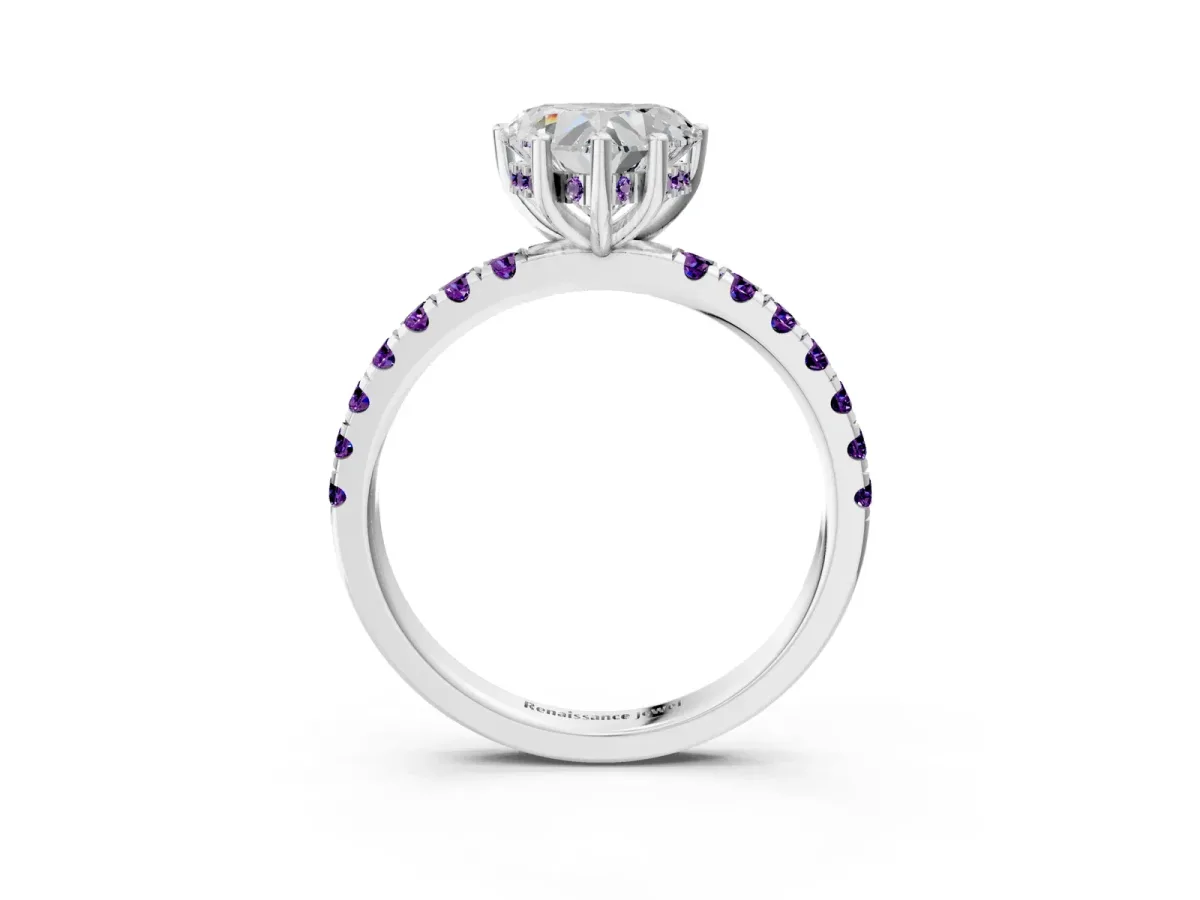 Heart Cut Diamond Pave Band Solitaire Ring with Round Amethyst and Prong Setting Platinum