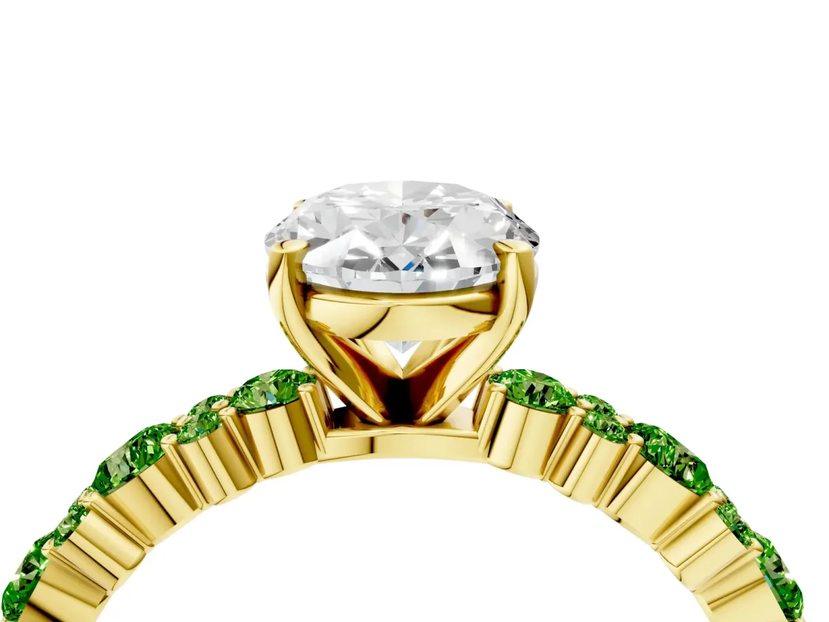 Oval Cut Diamond Side Stone Solitaire Ring with Round Peridot and Four-Prong Setting Yellow gold