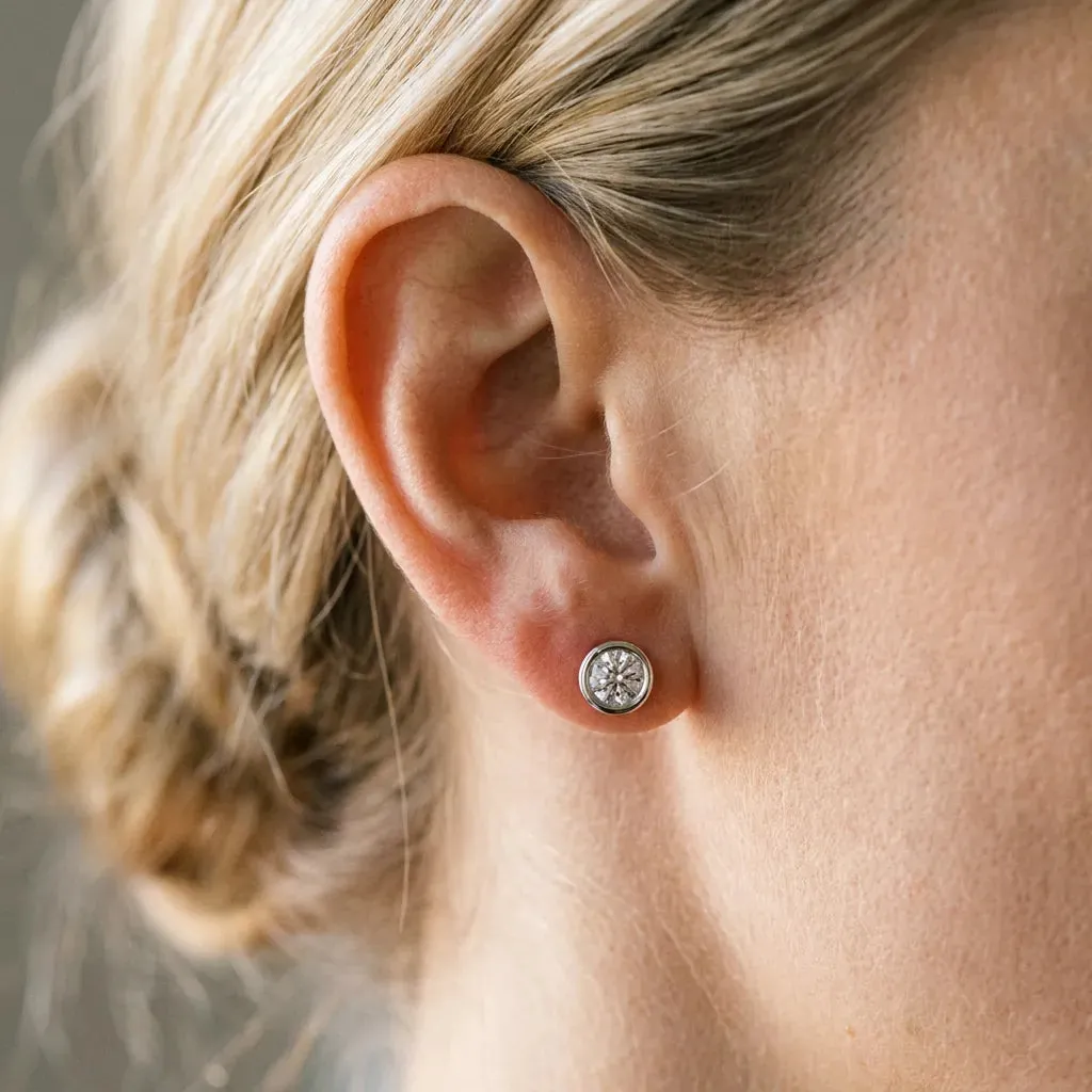 Bezel Set Round Diamond Stud Earrings White gold