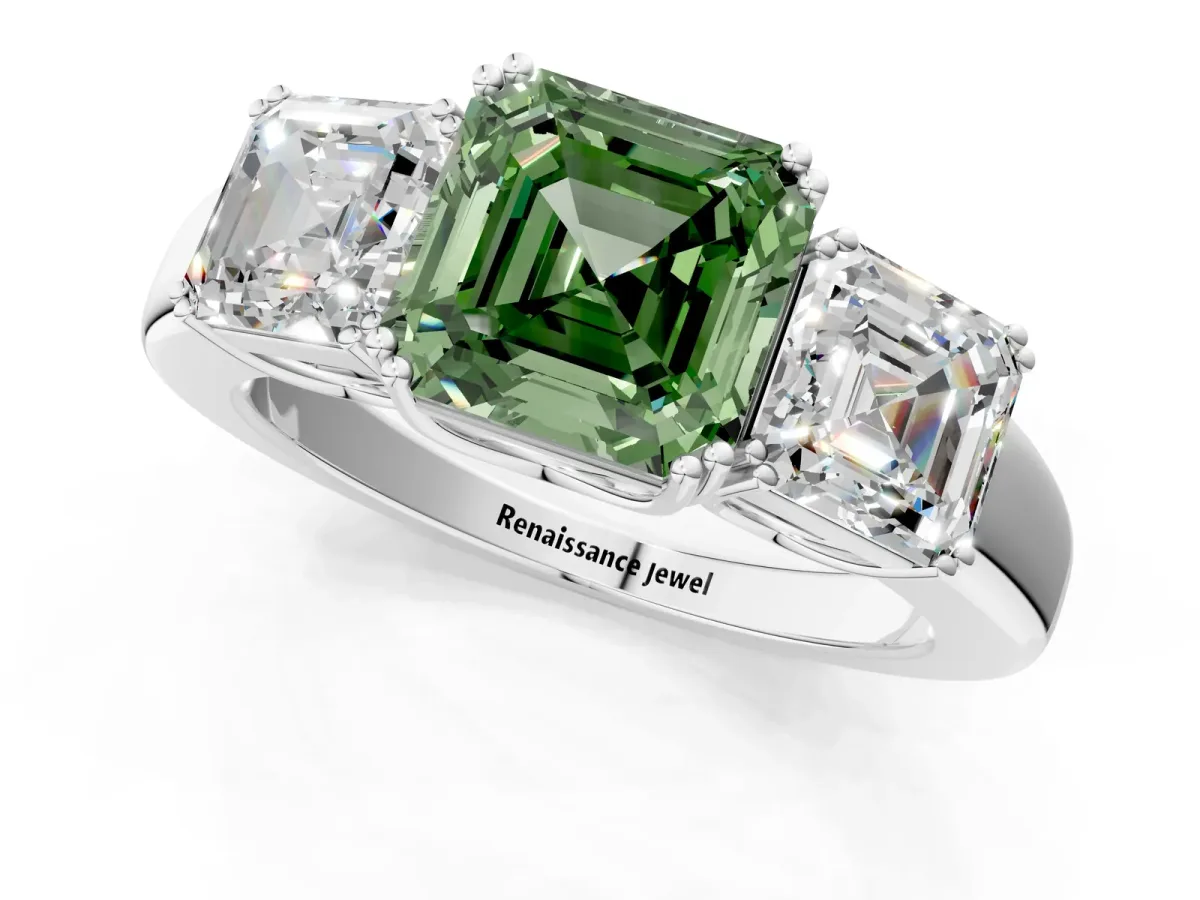 Fancy Green Three-Stone Asscher Cut Cut Diamond Ring with Channel Set Band and Four-Prong Setting Silver