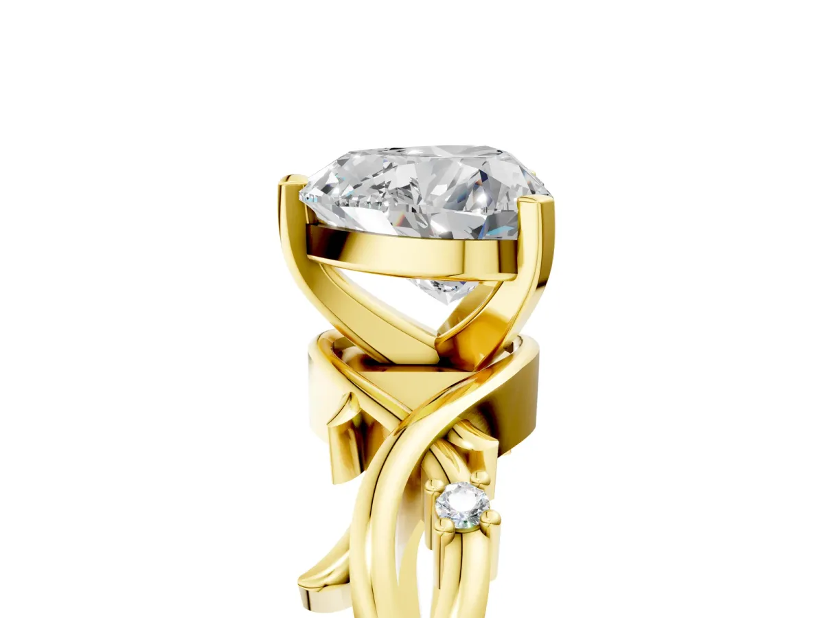 Heart Cut Diamond Solitaire Ring with Twisted Band and Prong Setting Yellow gold