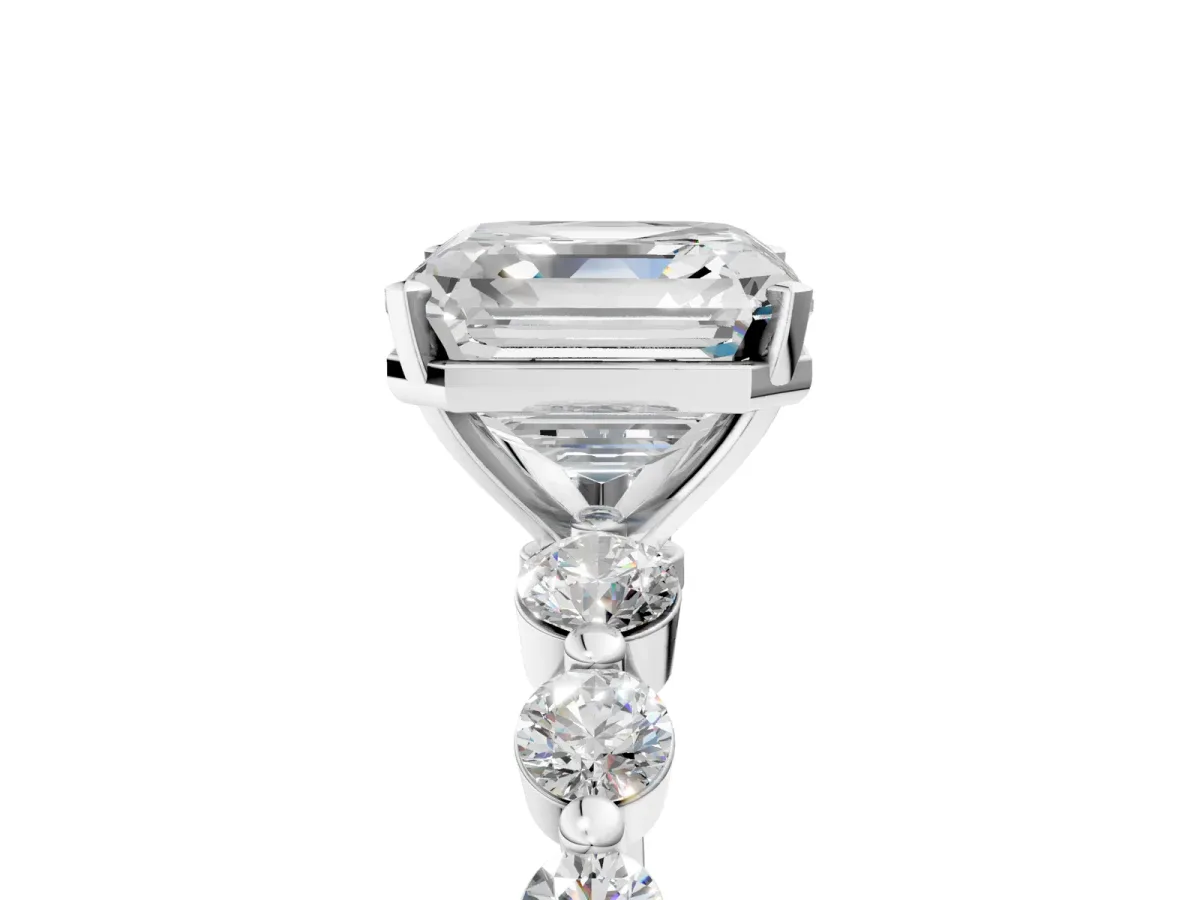 Asscher Cut Solitaire Diamond Ring with Pave Band and Four-Prong Setting Platinum