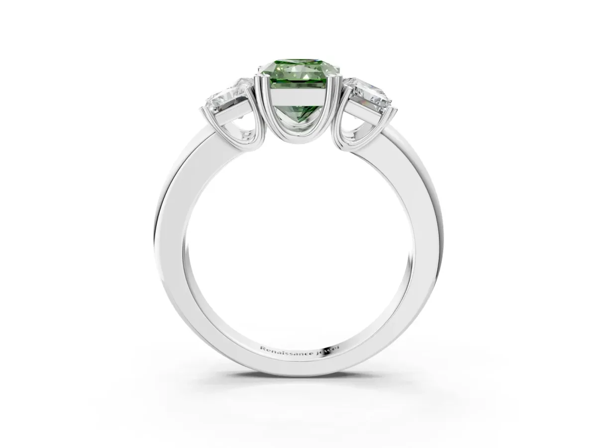 Fancy Green Three-Stone Radiant Cut Cut Diamond Ring with Channel Set Band and Four-Prong Setting Silver