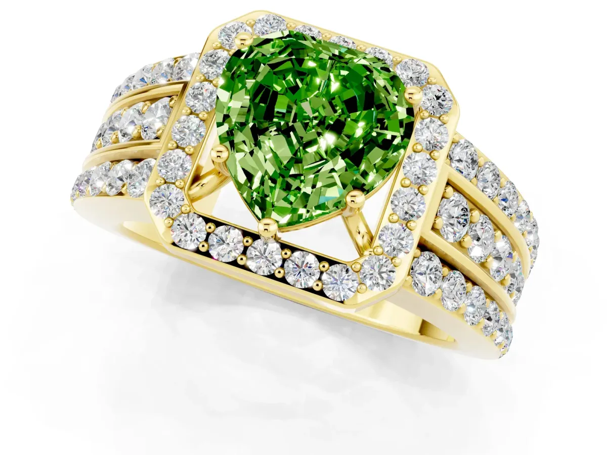 Heart Cut Halo Peridot Ring with Round Split Shank and Prong Setting Yellow gold
