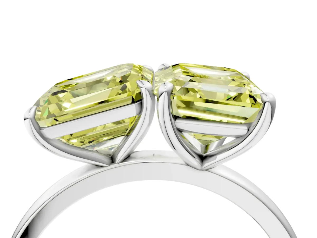Fancy Yellow Asscher Cut and Emerald Cut Toi Moi Ring with Prong Setting White gold