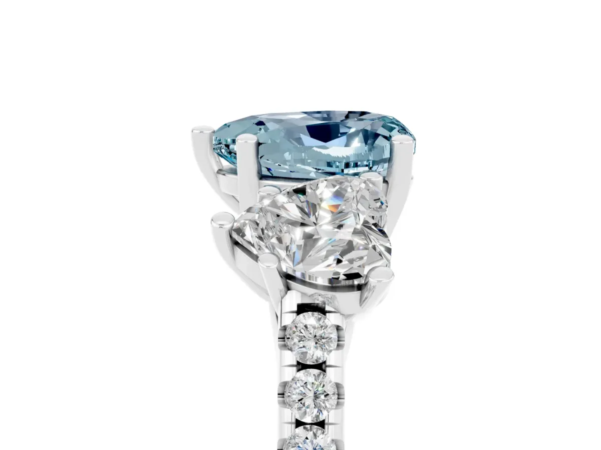 Three-Stone Heart Cut Aquamarine Ring with Round Pavé Band and Prong Setting Silver