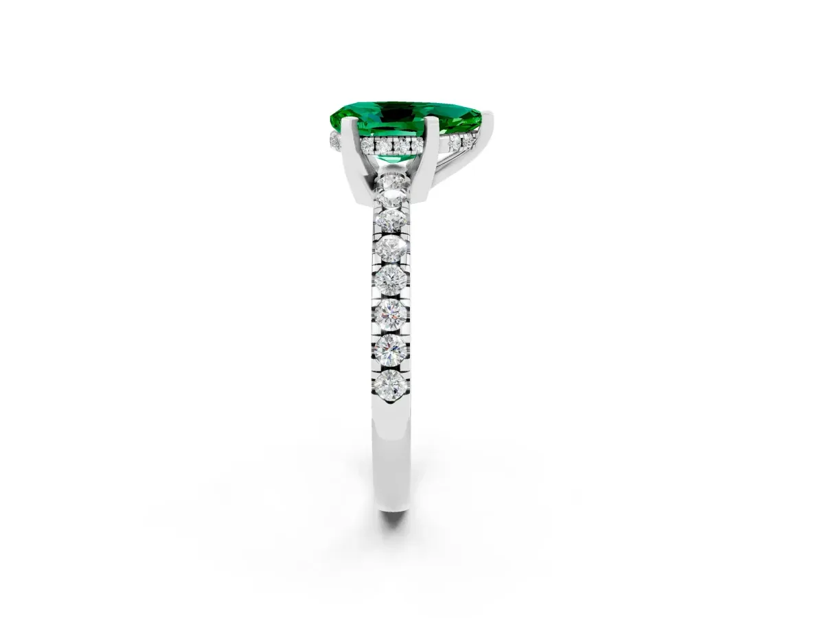 Pear Cut Emerald Solitaire Ring with Round Pavé Band and Four-Prong Setting Platinum