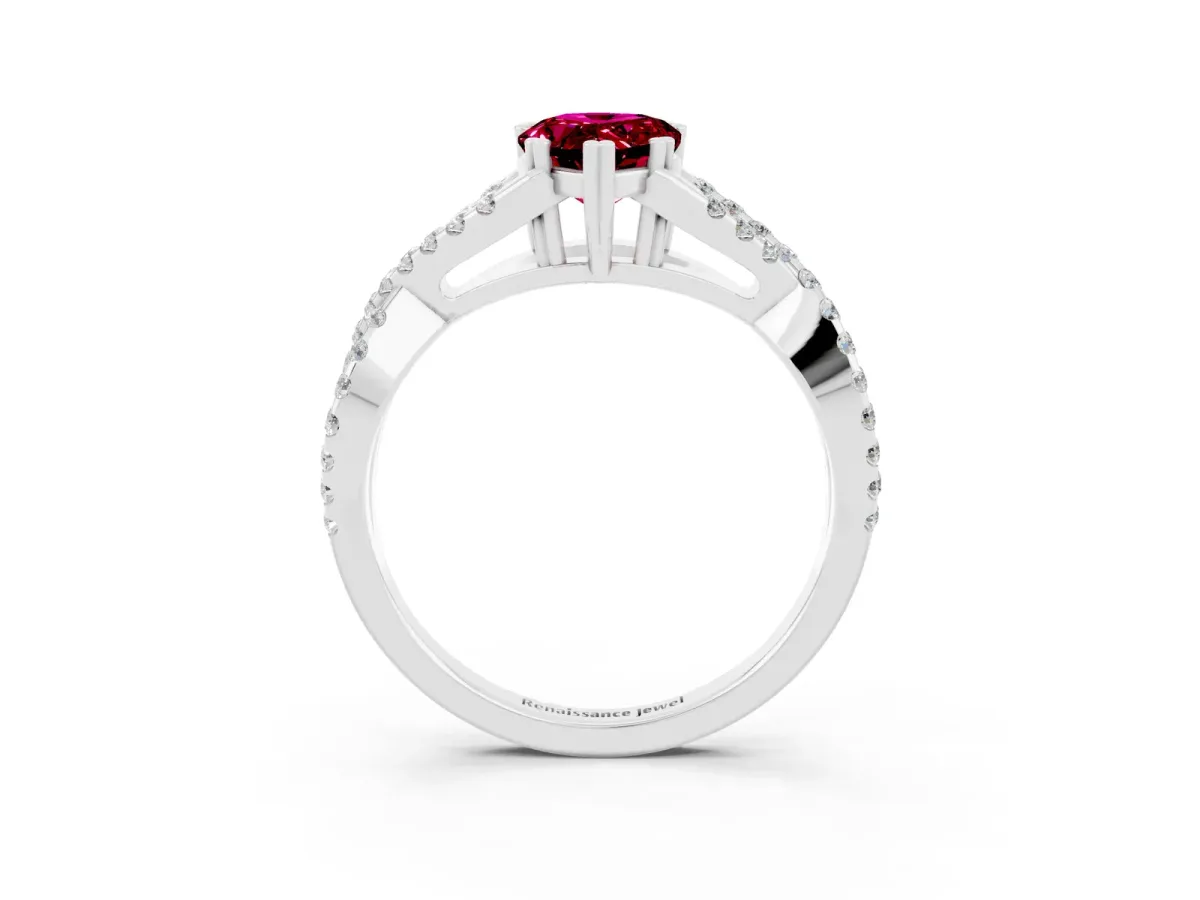 Pear Cut Garnet Solitaire Ring with Four-Prong Setting and Twisted Pavé Band Platinum