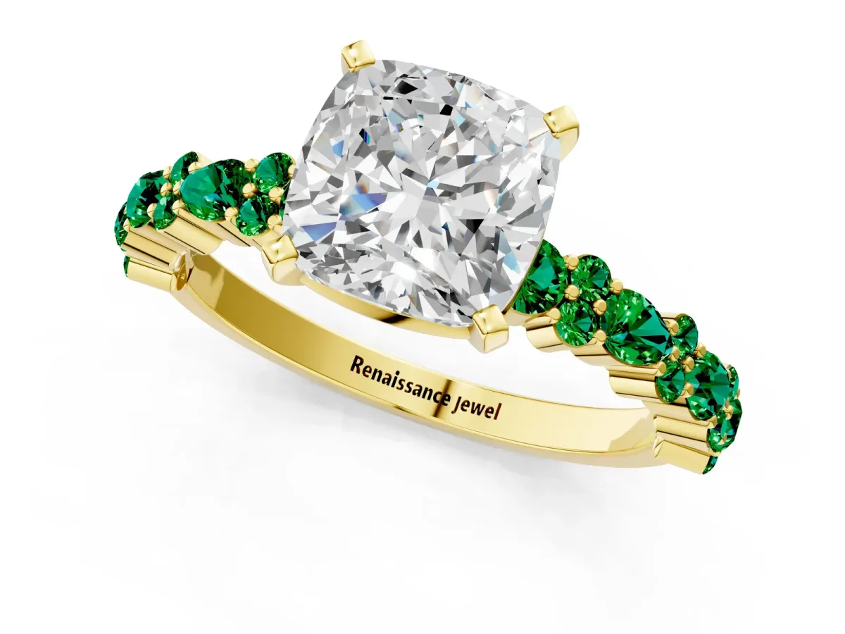 Cushion Cut Diamond Side Stone Solitaire Ring with Round Emerald and Four-Prong Setting Yellow gold