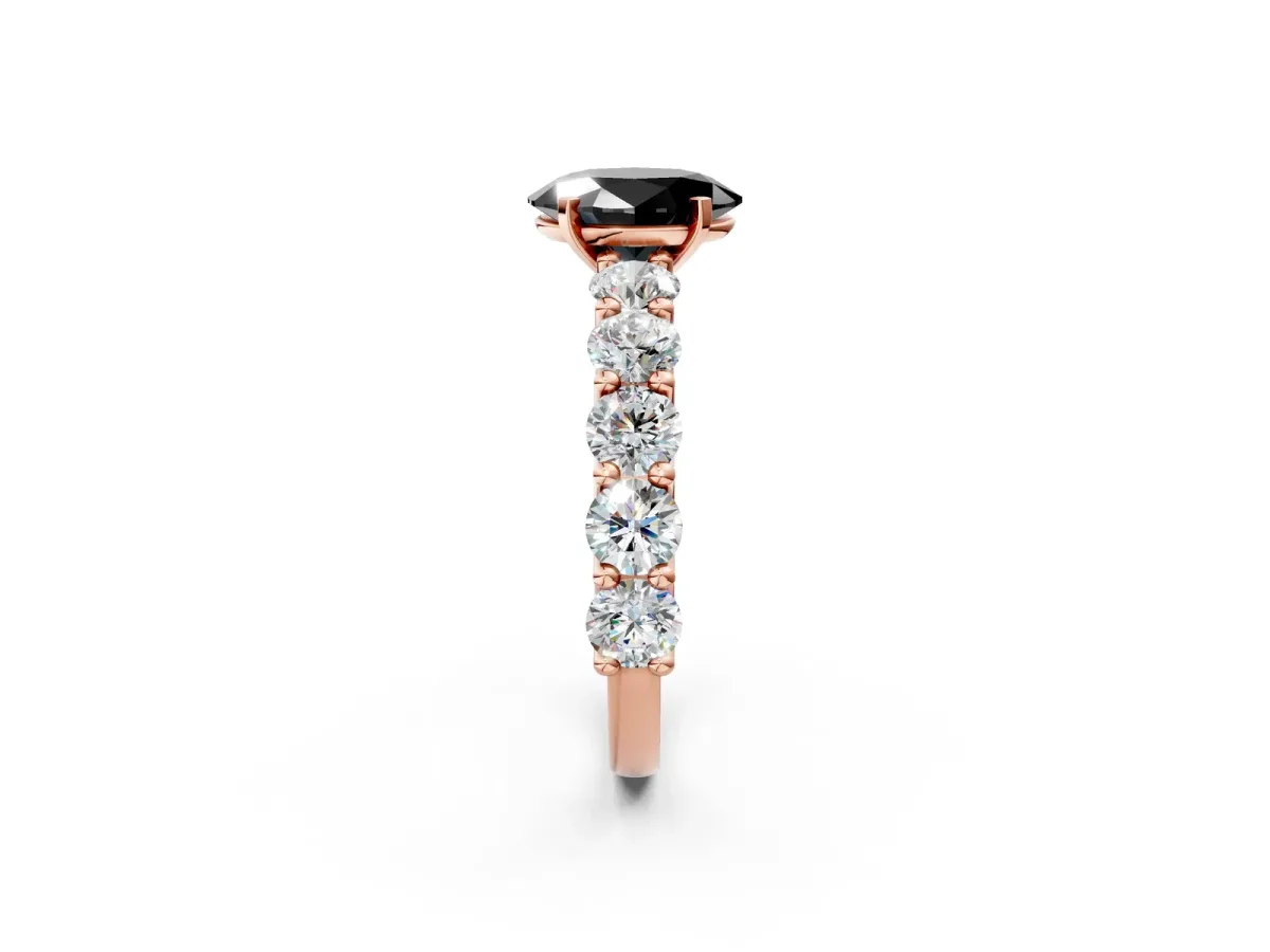 Fancy Black Oval Cut Diamond Prong Setting with Side Stones on a Pave Band Rose gold