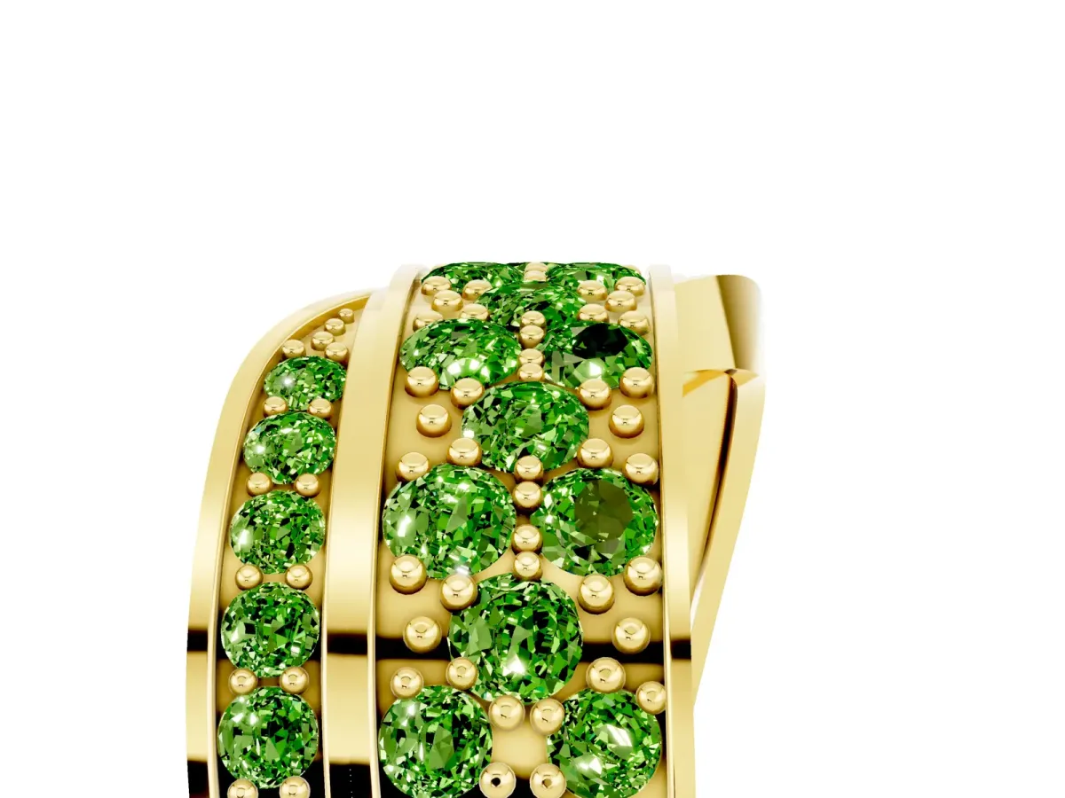 Pavé Round Peridot Crossover Band with Bead Prong Setting Yellow gold
