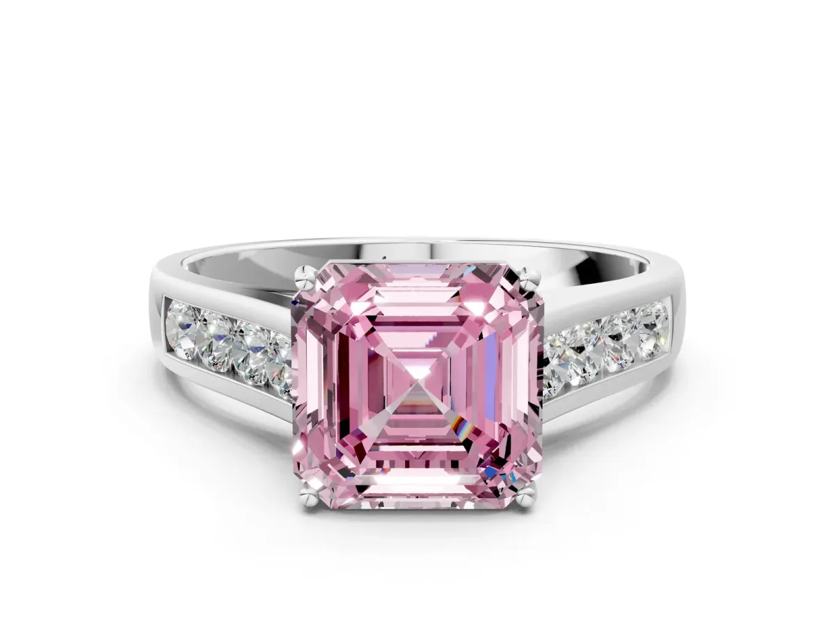 Fancy Pink Asscher Cut Solitaire Channel-Set Diamond Engagement Ring with Four-Prong Setting Platinum