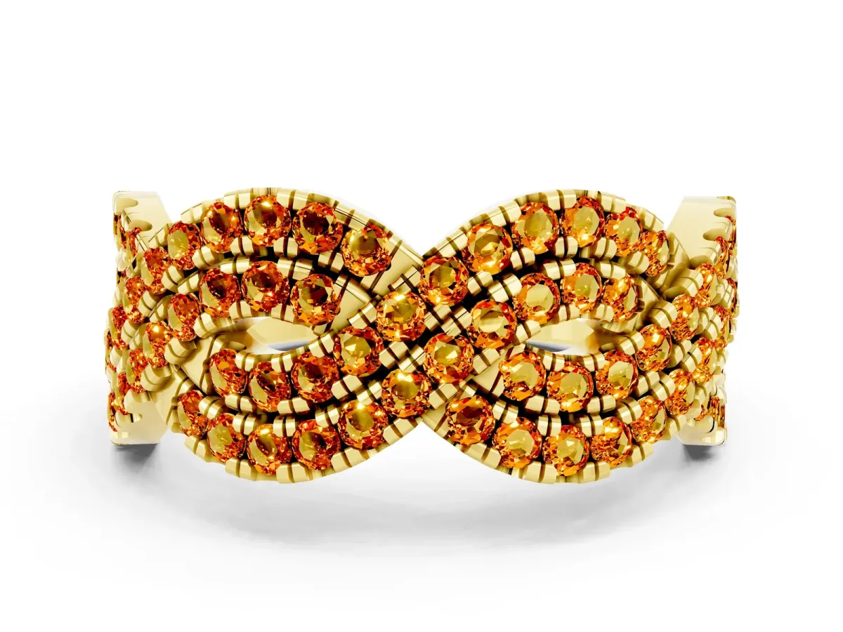 Pavé Round Citrine Infinity Twist Band with Shared Prong Setting Yellow gold