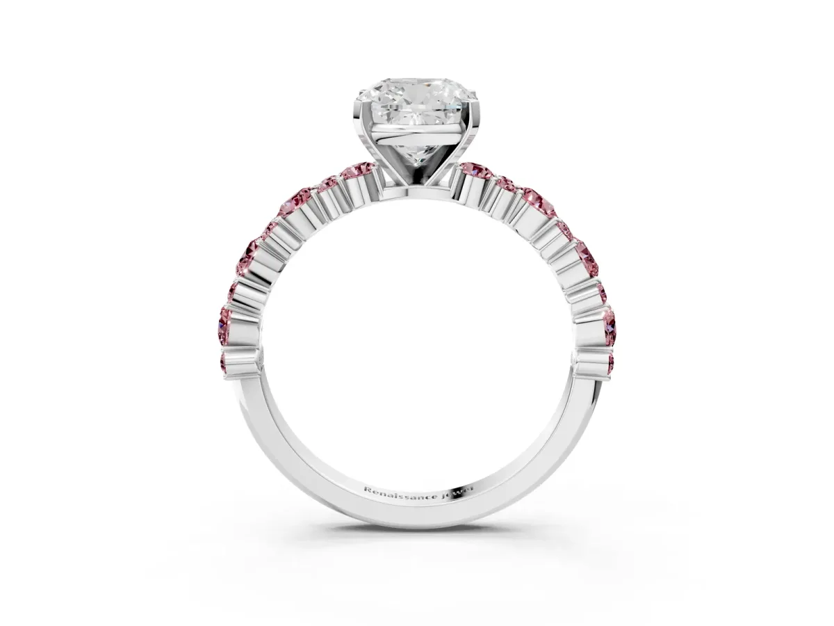 Cushion Cut Diamond Side Stone Solitaire Ring with Round Morganite and Four-Prong Setting Platinum