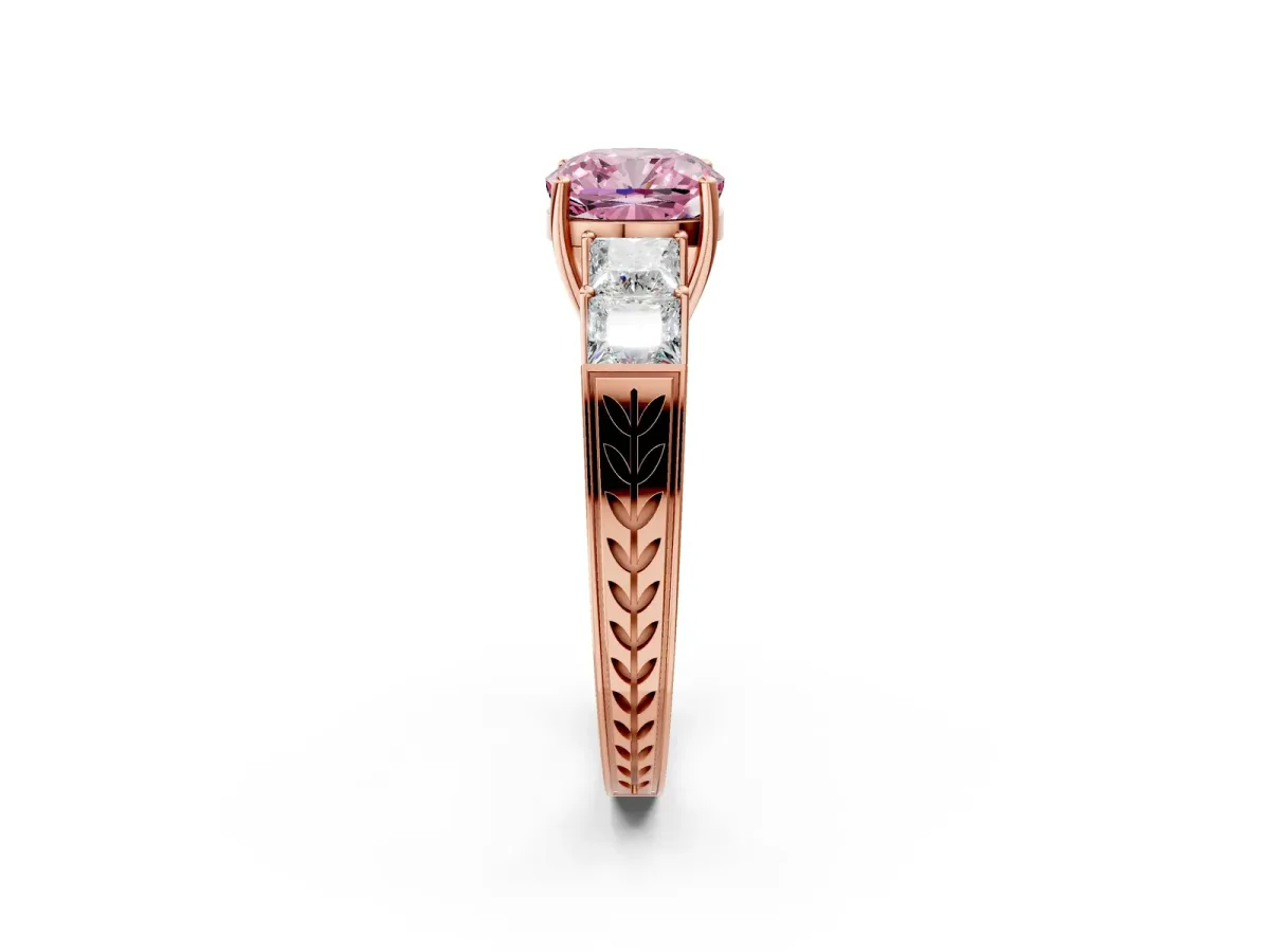 Fancy Pink Cushion Cut Solitaire Princess Side Stone Engraved Band Prong Setting Ring Rose gold