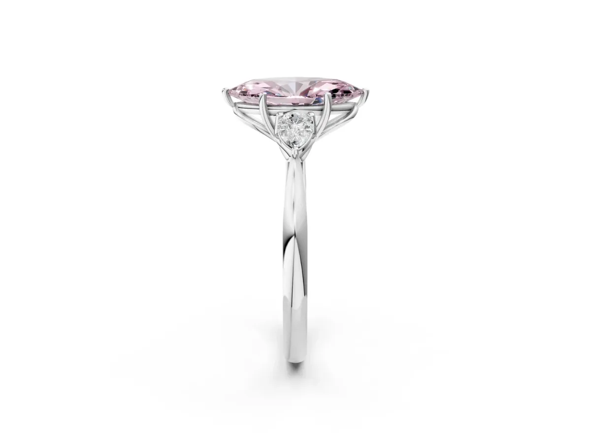 Fancy Pink Marquise Cut Diamond Three-Stone Ring with Pear Side Stones and Prong Setting White gold