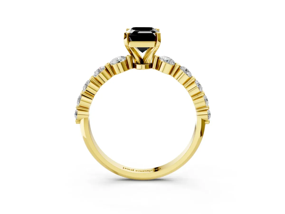 Fancy Black Emerald Cut Solitaire Diamond Ring with Pave Band and Four-Prong Setting Yellow gold