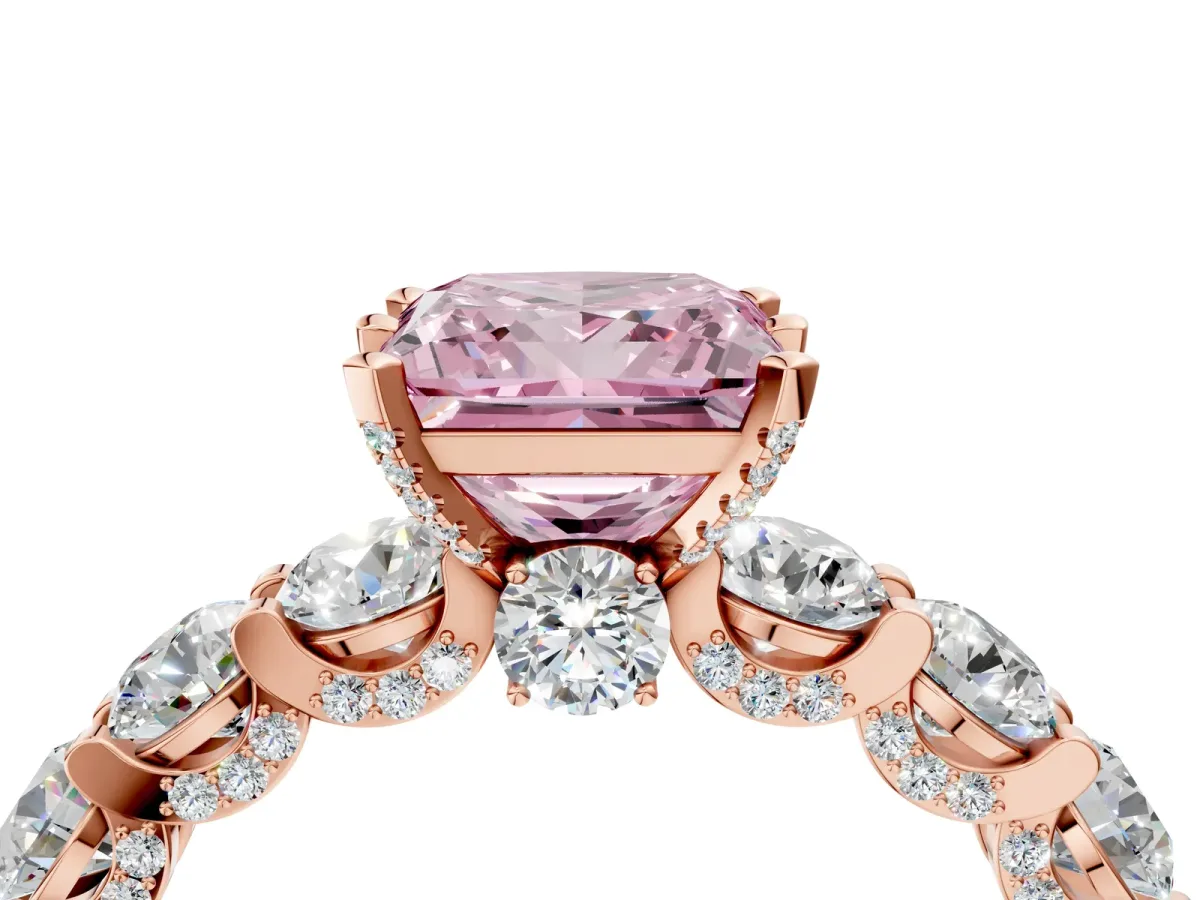 Fancy Pink Princess Cut Diamond Side Stone Engagement Ring with Four-Prong Setting Rose gold