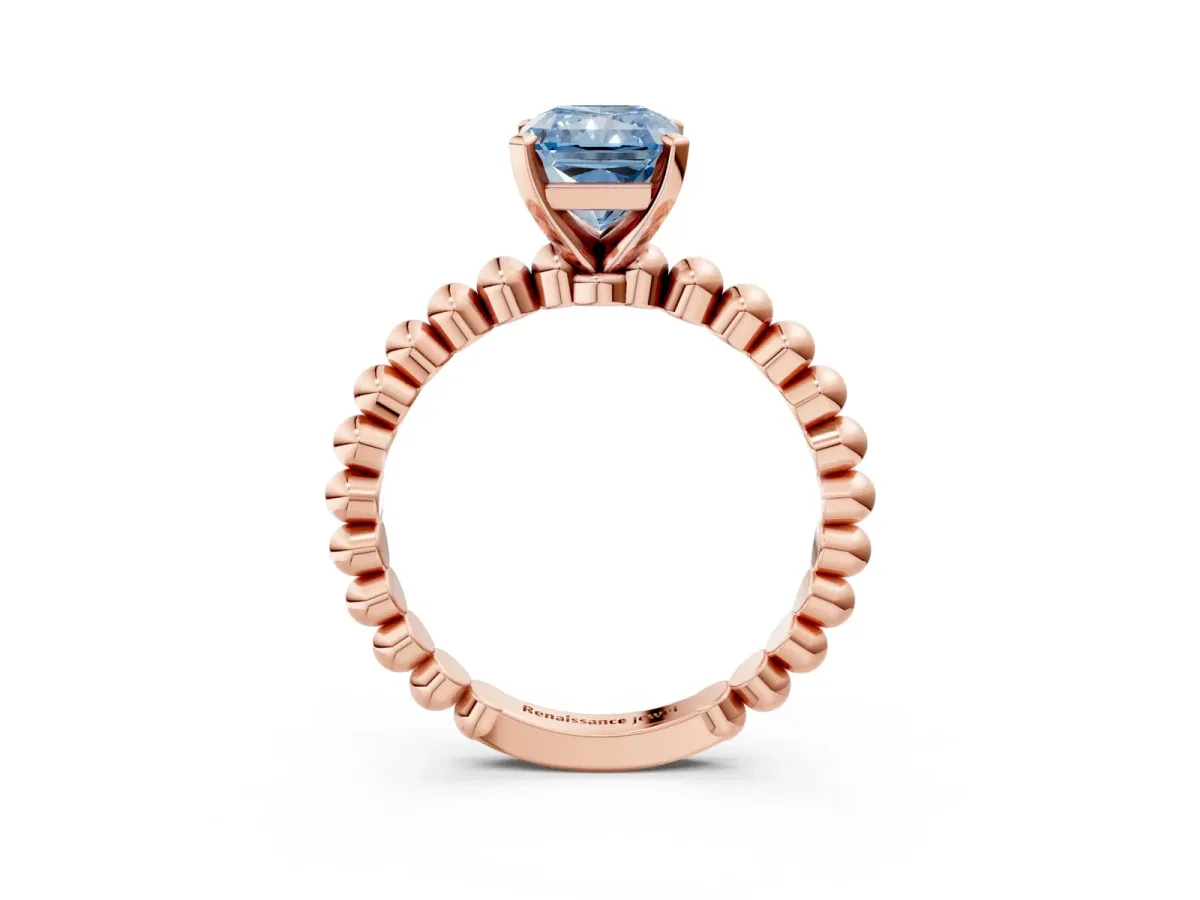 Fancy Blue Radiant Cut Diamond Solitaire Ring with Beaded Band and Prong Setting Rose gold