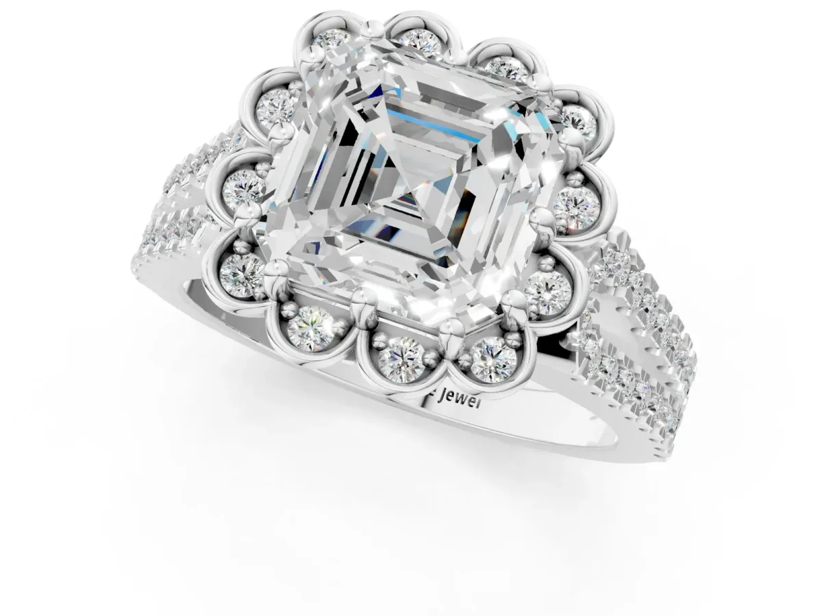 Asscher Cut Halo Diamond Floral Split Shank Engagement Ring Platinum