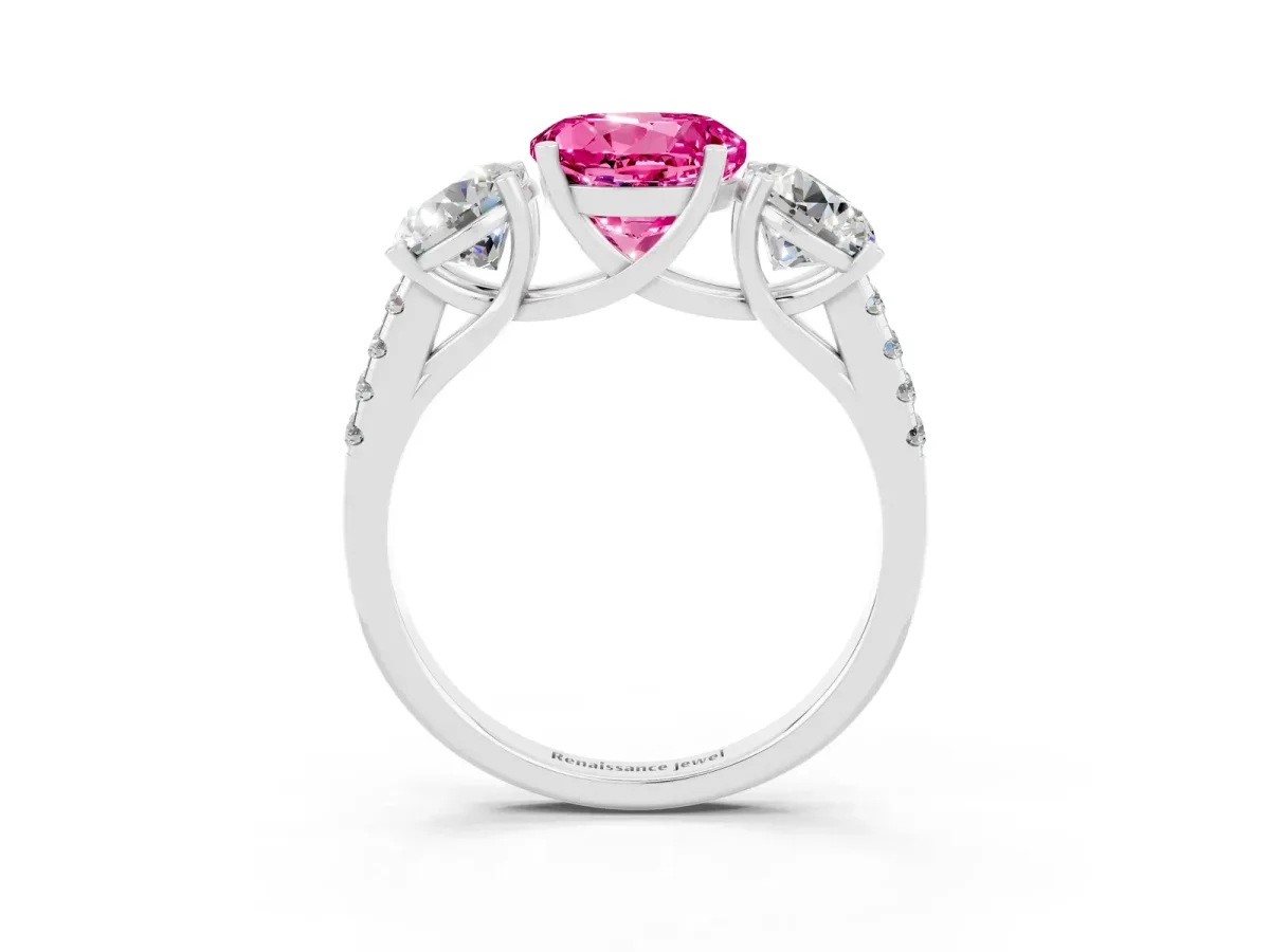 Three-Stone Round Cut Pink Sapphire Ring with Round Pavé Band and Prong Setting Silver