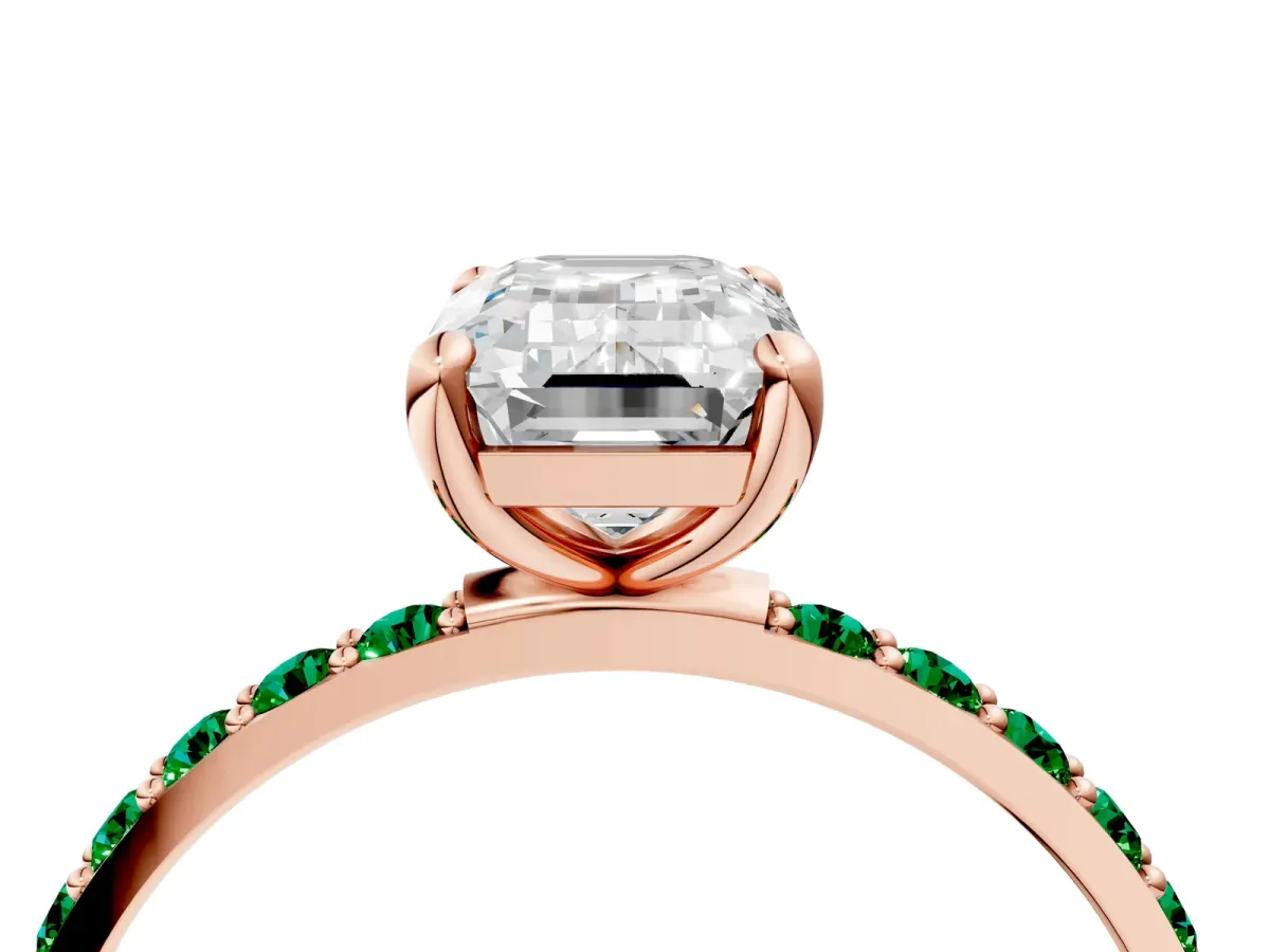 Emerald Cut Diamond Solitaire Ring with Round Emerald Pavé Band and Prong Setting Rose gold