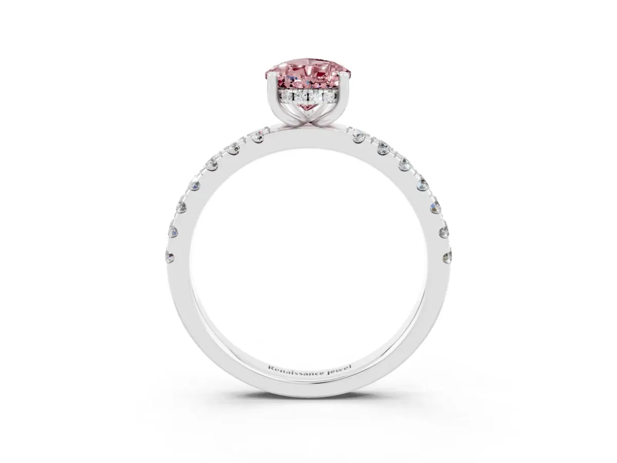 Pear Cut Morganite Pave Band Solitaire Ring with Round and Prong Setting Platinum
