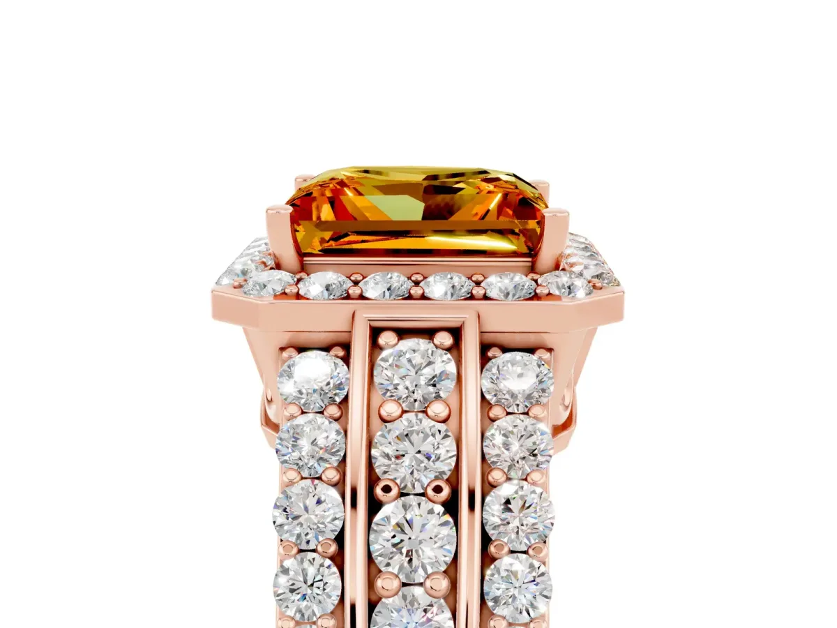 Princess Cut Halo Citrine Ring with Round Split Shank and Prong Setting Rose gold