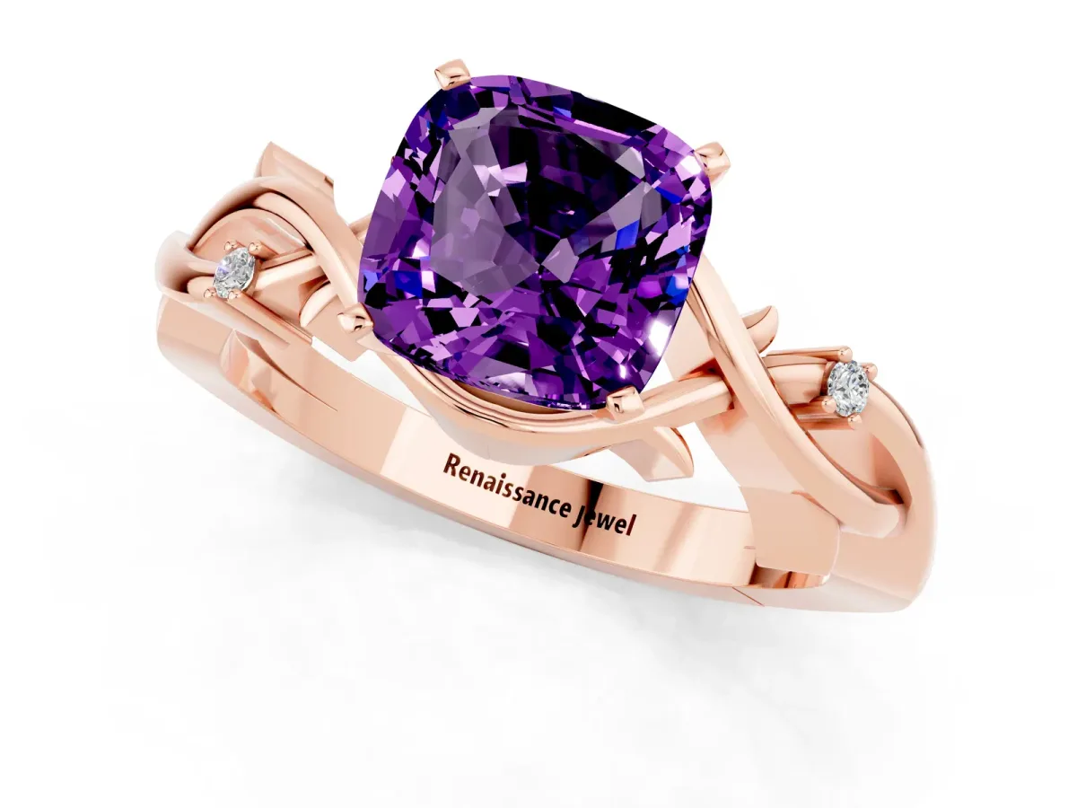 Cushion Cut Amethyst Solitaire Ring with Twisted Band and Prong Setting Rose gold