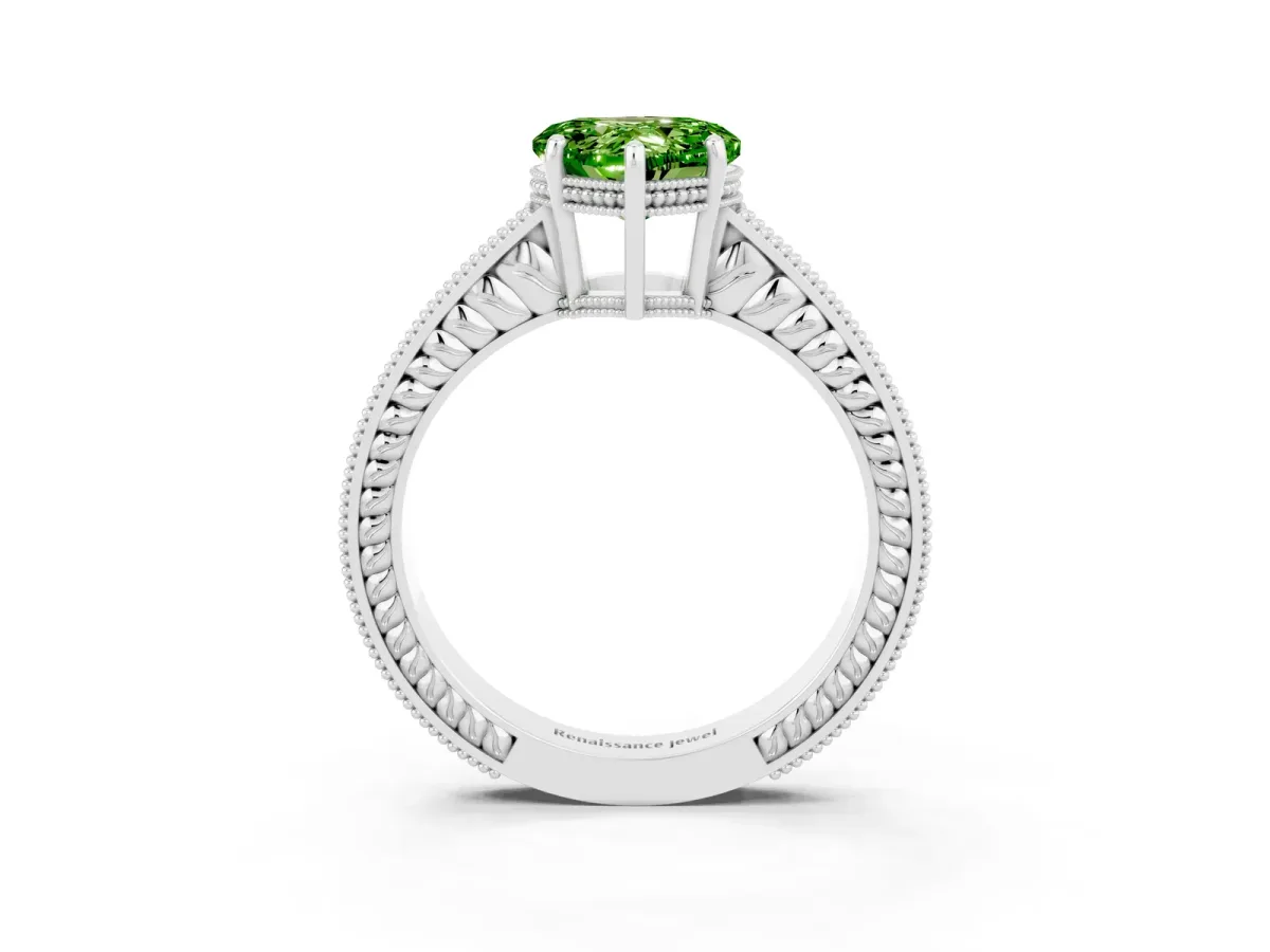 Heart Cut Peridot Ring with Milgrain Pavé Band and Four-Prong Setting Platinum