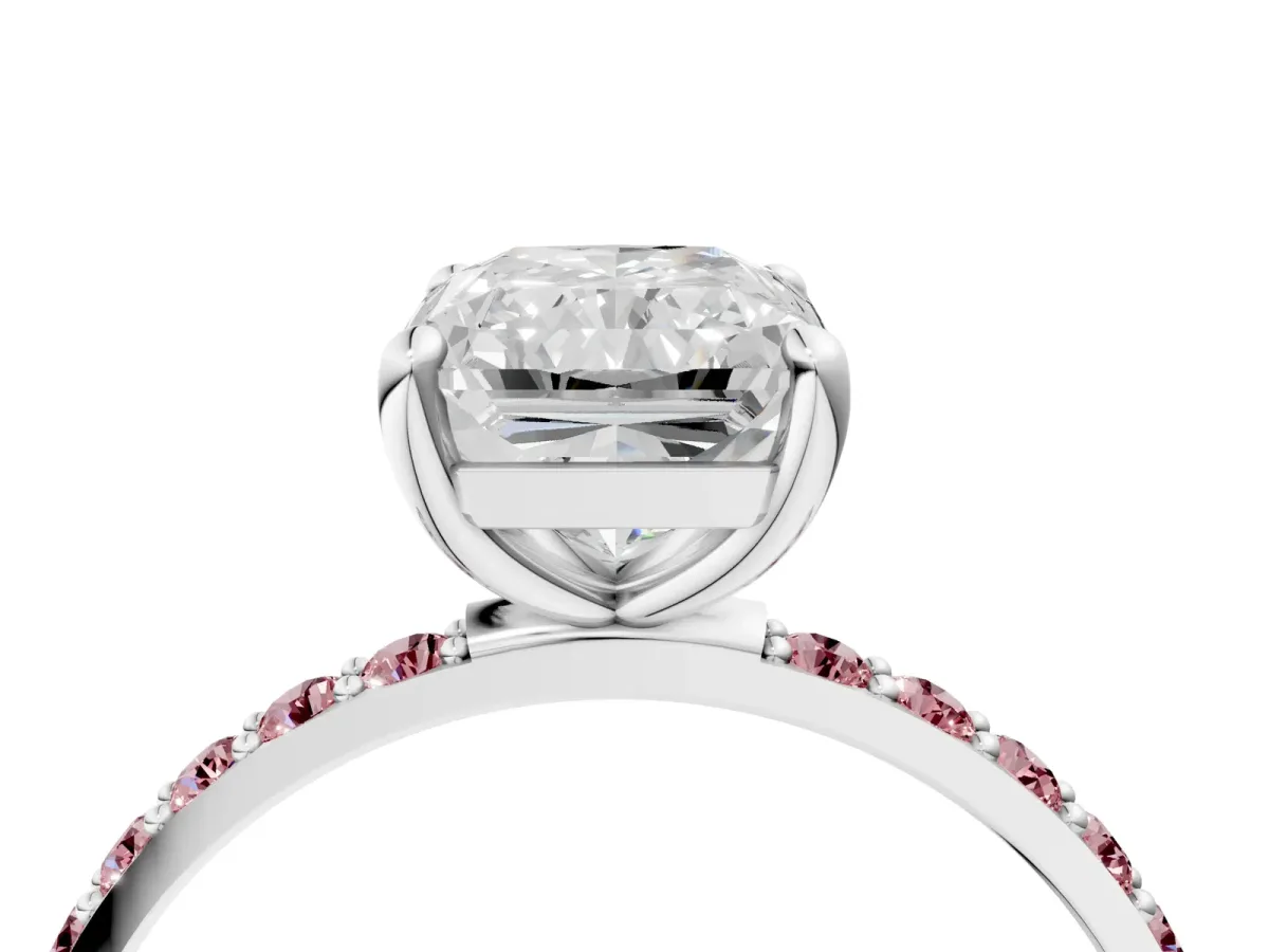 Radiant Cut Diamond Solitaire Ring with Round Morganite Pavé Band and Prong Setting Silver