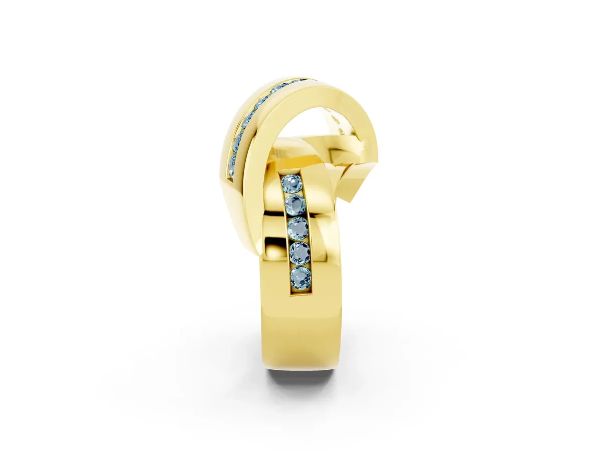 Pavé Round Aquamarine Crossover Band with Channel Setting Yellow gold