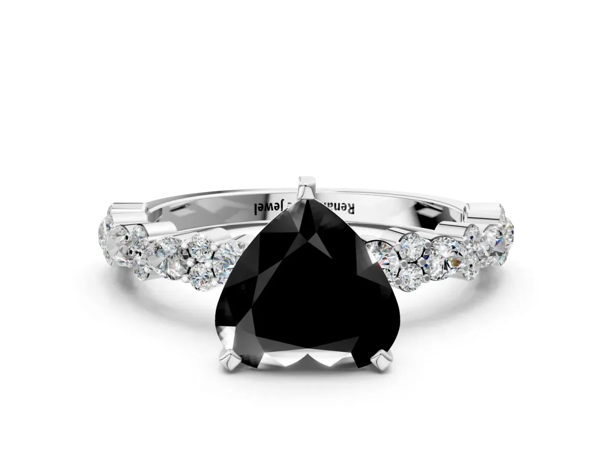 Fancy Black Heart Cut Diamond Side Stone Solitaire Ring with Round and Four-Prong Setting Silver