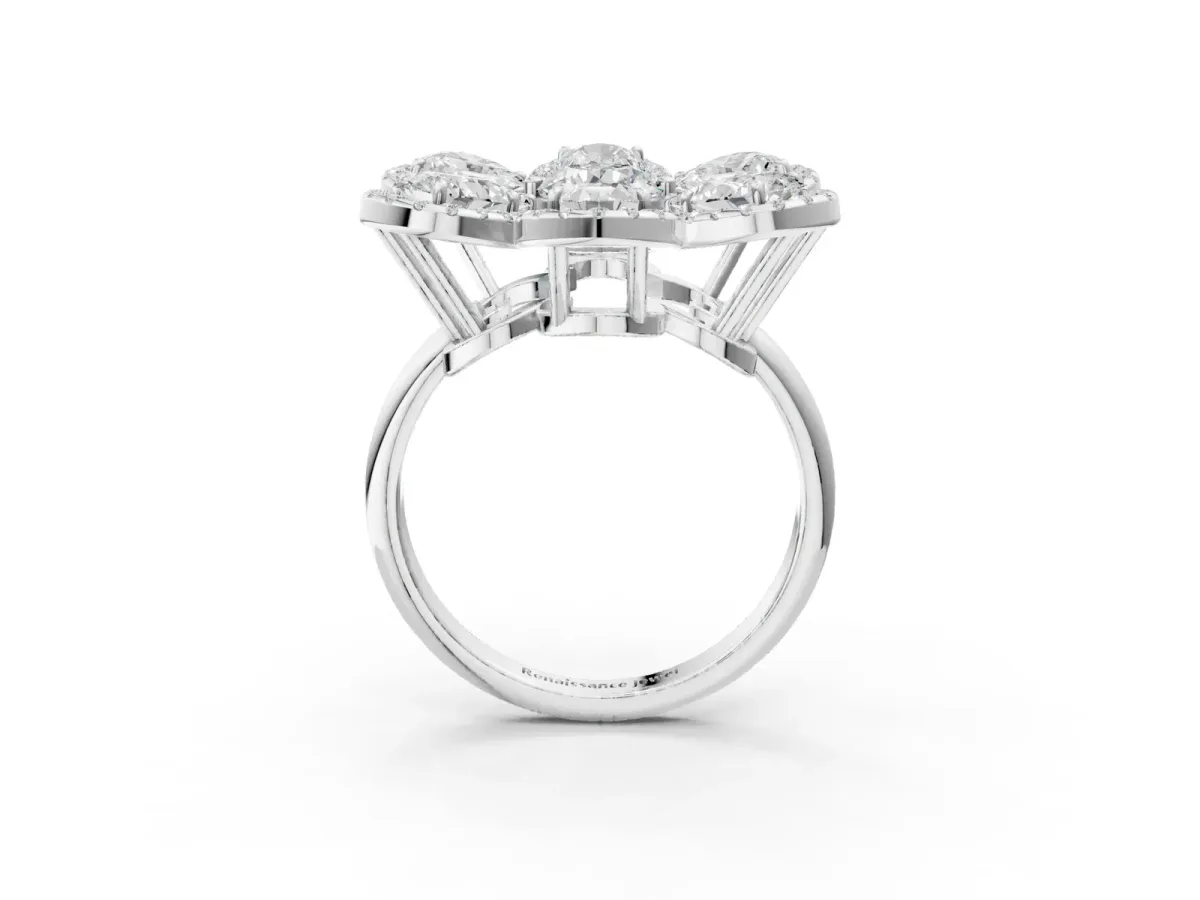 Pear Diamond Floral Promise Ring with Round Diamond Center Silver