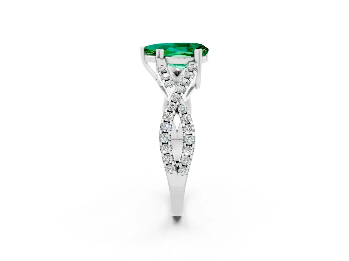 Pear Cut Emerald Solitaire Ring with Four-Prong Setting and Twisted Pavé Band Platinum