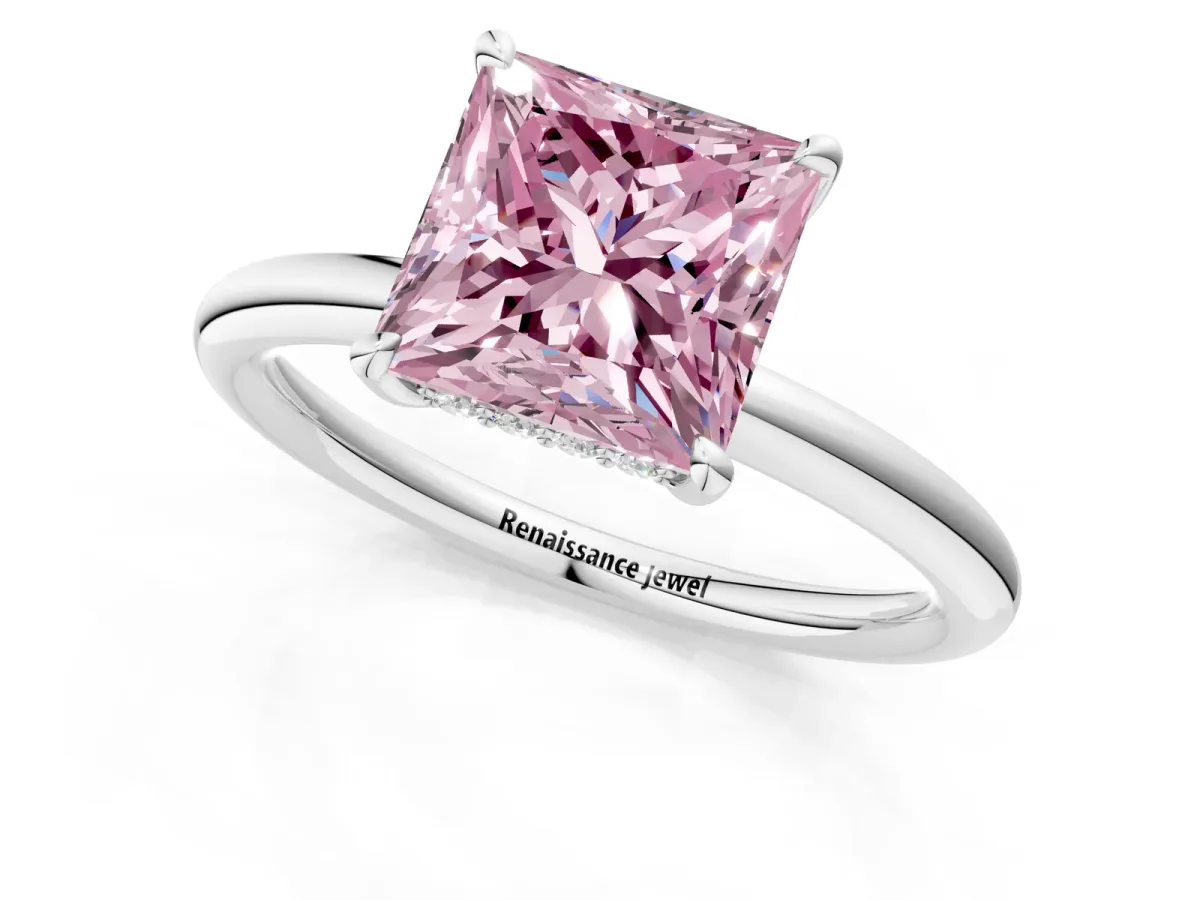 Fancy Pink Princess Cut Diamond Solitaire Ring with Thin Band and Four-Prong Setting White gold