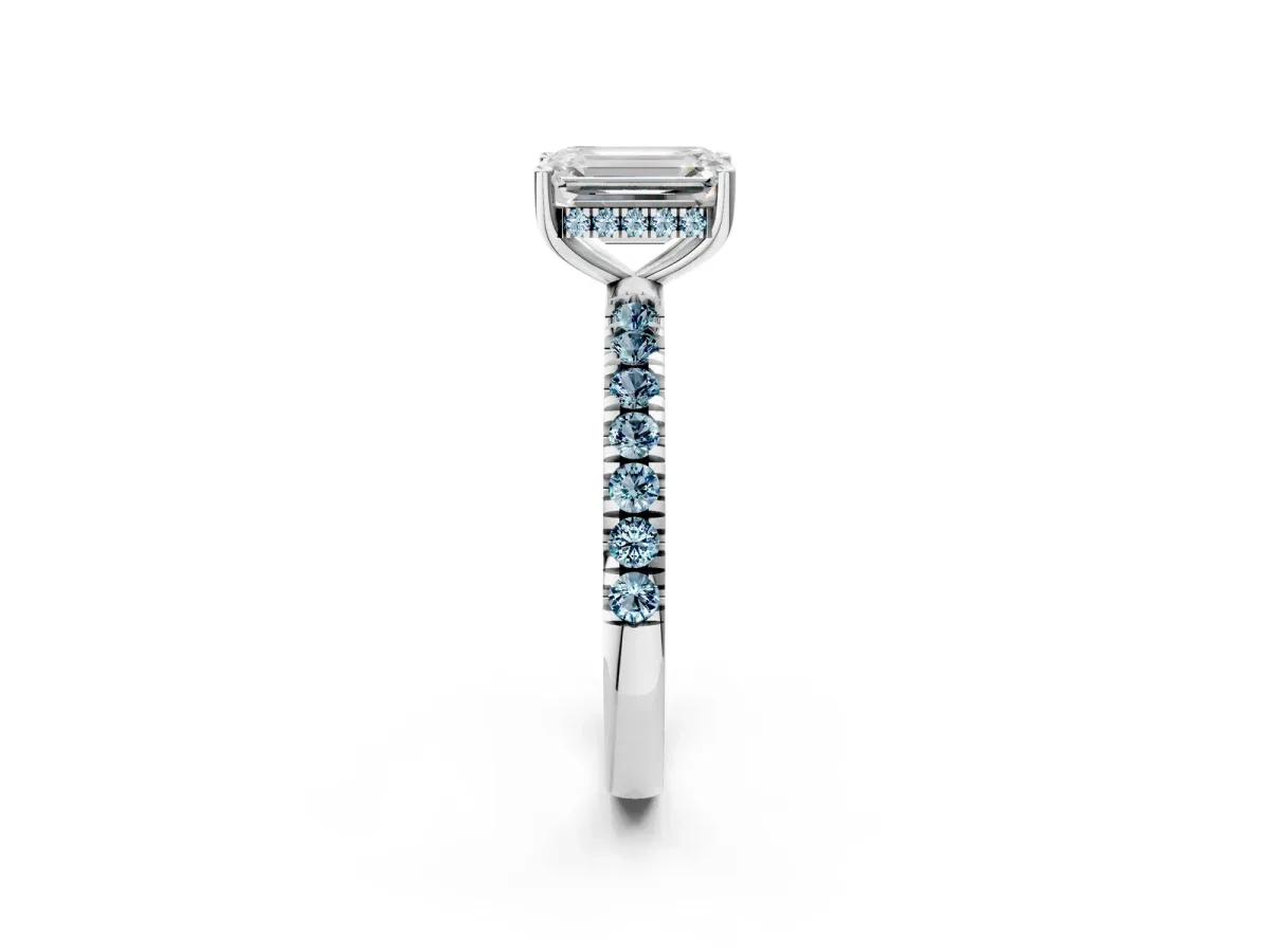 Emerald Cut Diamond Pave Band Solitaire Ring with Round Aquamarine and Prong Setting Silver