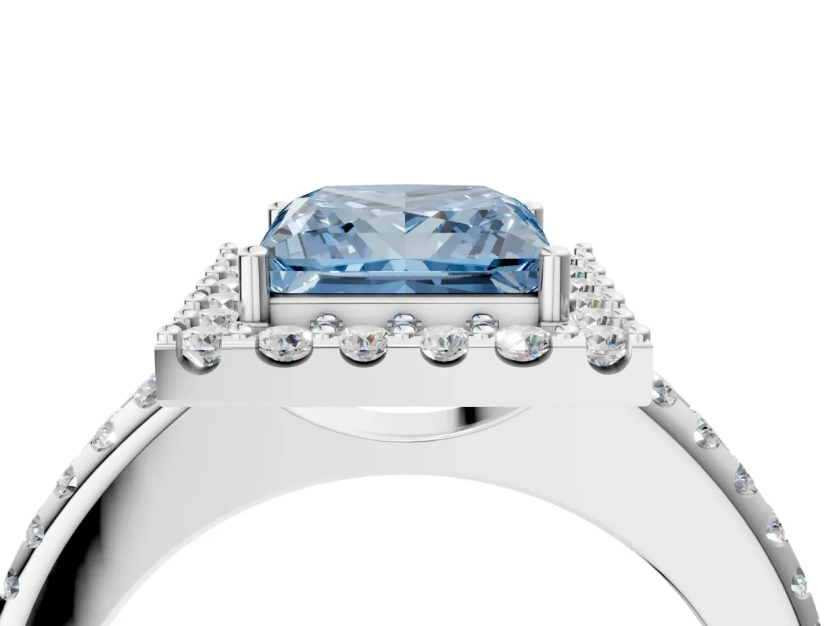 Fancy Blue Princess Cut Diamond Pavé Halo Ring with Four-Prong Setting White gold