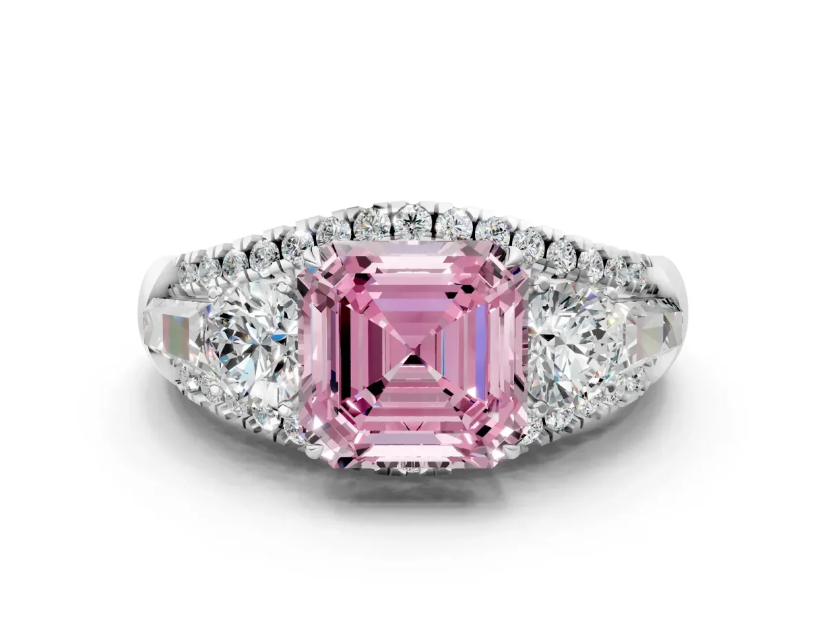 Fancy Pink Three-Stone Asscher Cut Diamond Engagement Ring with Pave Band and Prong Setting Platinum