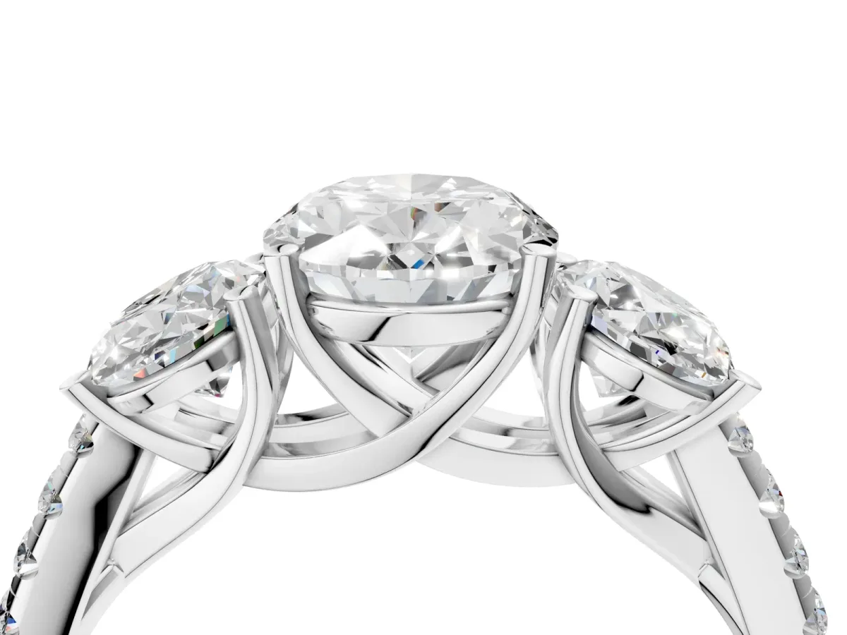 Three-Stone Oval Cut Diamond Ring with Round Moissanite Pavé Band and Prong Setting Silver