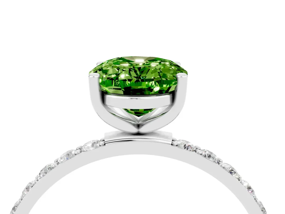 Oval Cut Peridot Solitaire Ring with Round Pavé Band and Prong Setting Platinum