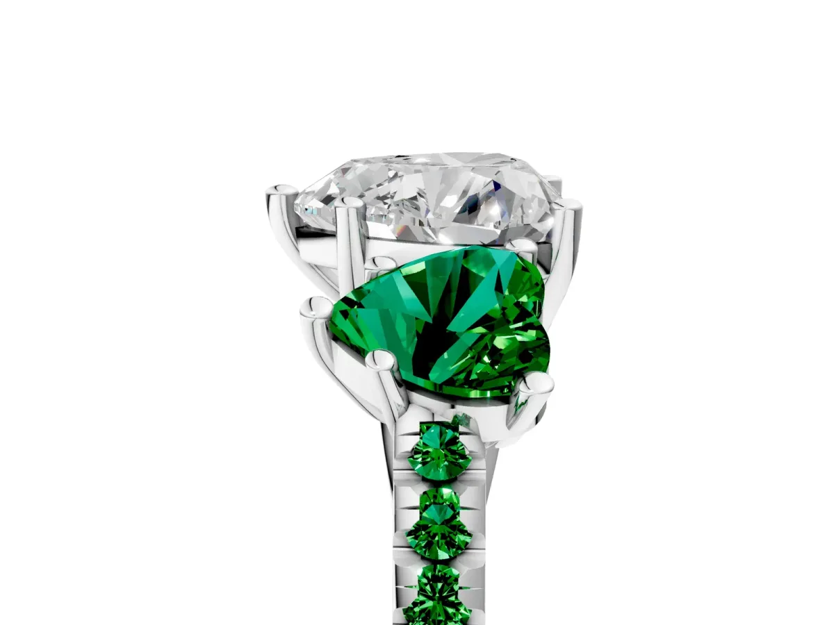 Three-Stone Heart Cut Diamond Ring with Round Emerald Pavé Band and Prong Setting Silver
