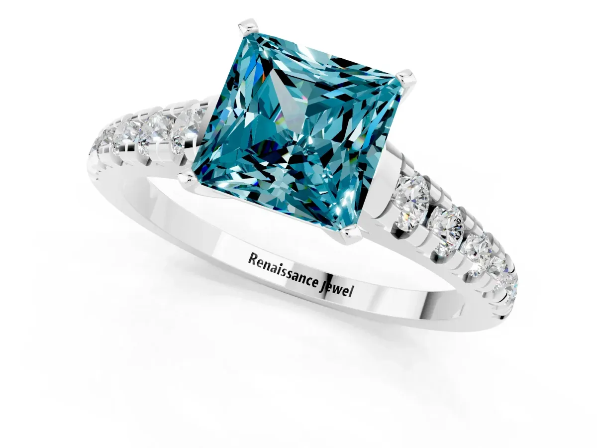 Princess Cut Blue Topaz Cathedral Solitaire Ring with Round Pavé Band Silver