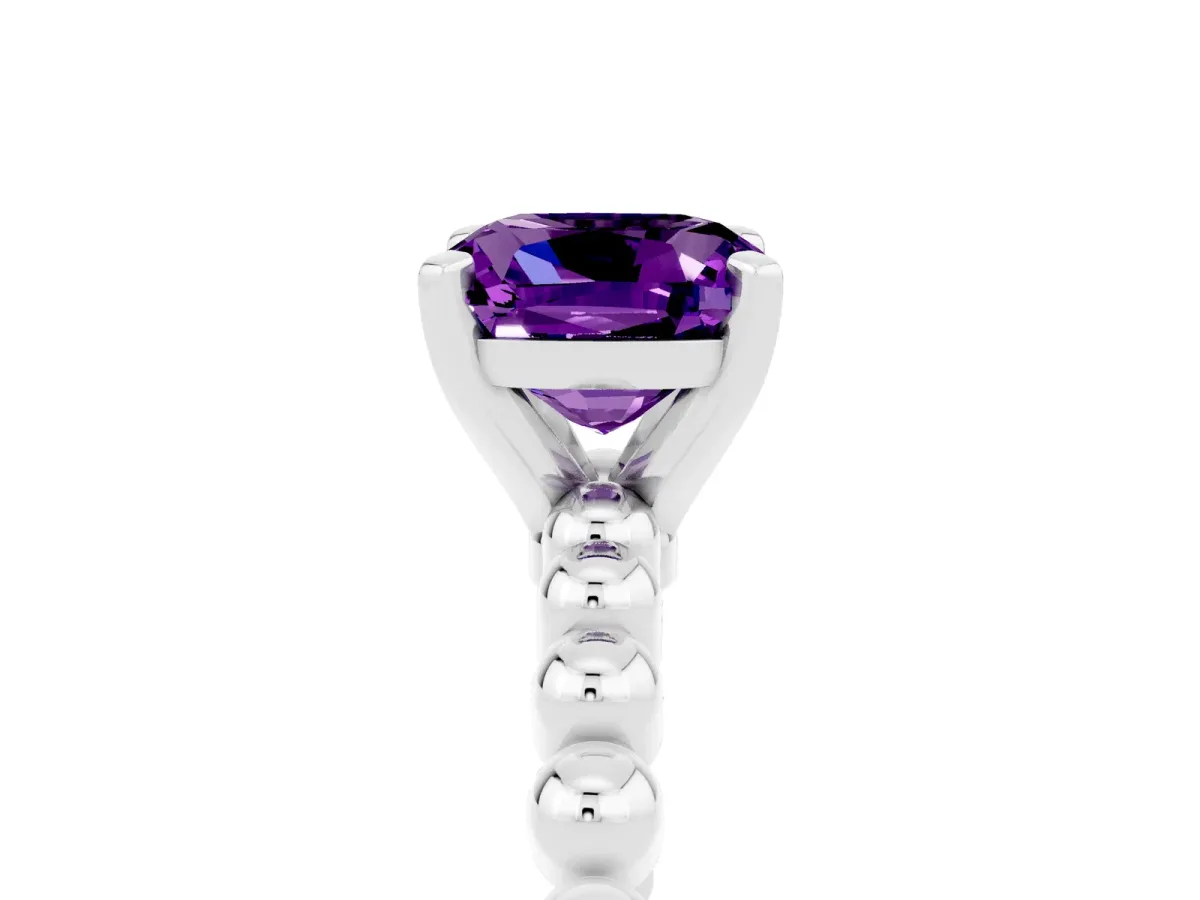 Cushion Cut Amethyst Solitaire Ring with Beaded Band and Prong Setting Silver
