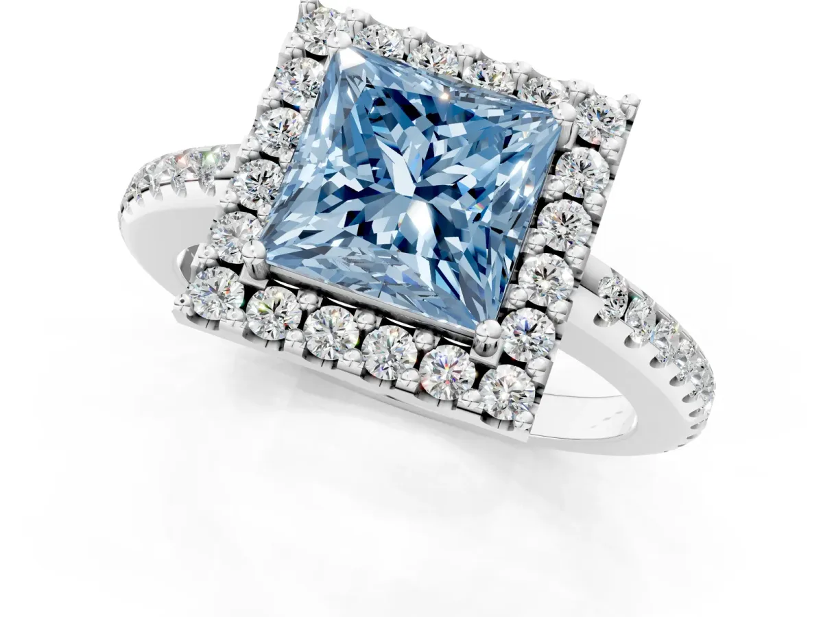 Fancy Blue Princess Cut Diamond Pavé Halo Ring with Four-Prong Setting White gold