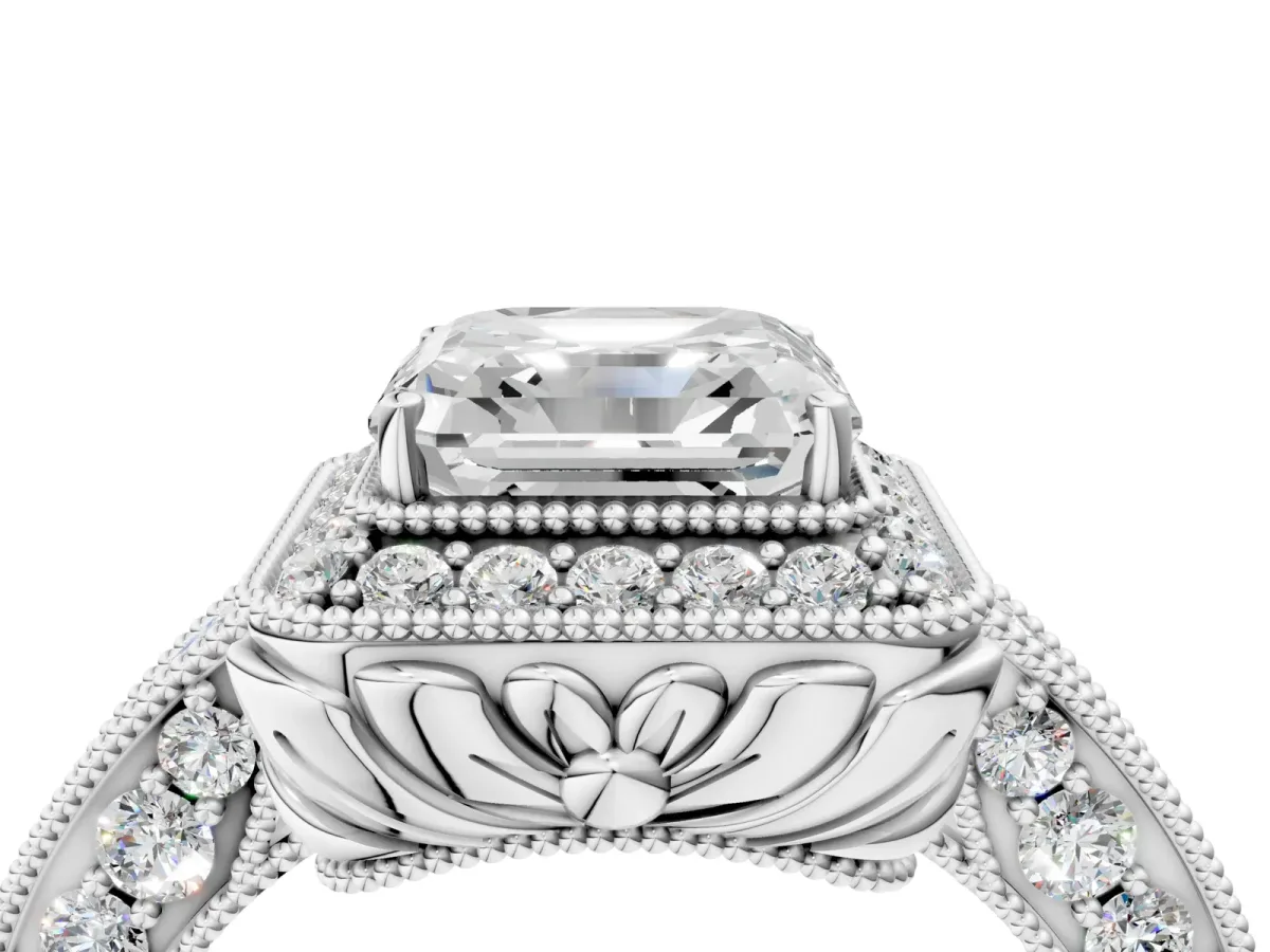 Asscher Cut Halo Diamond Split Shank Ring with Milgrain Detail Platinum