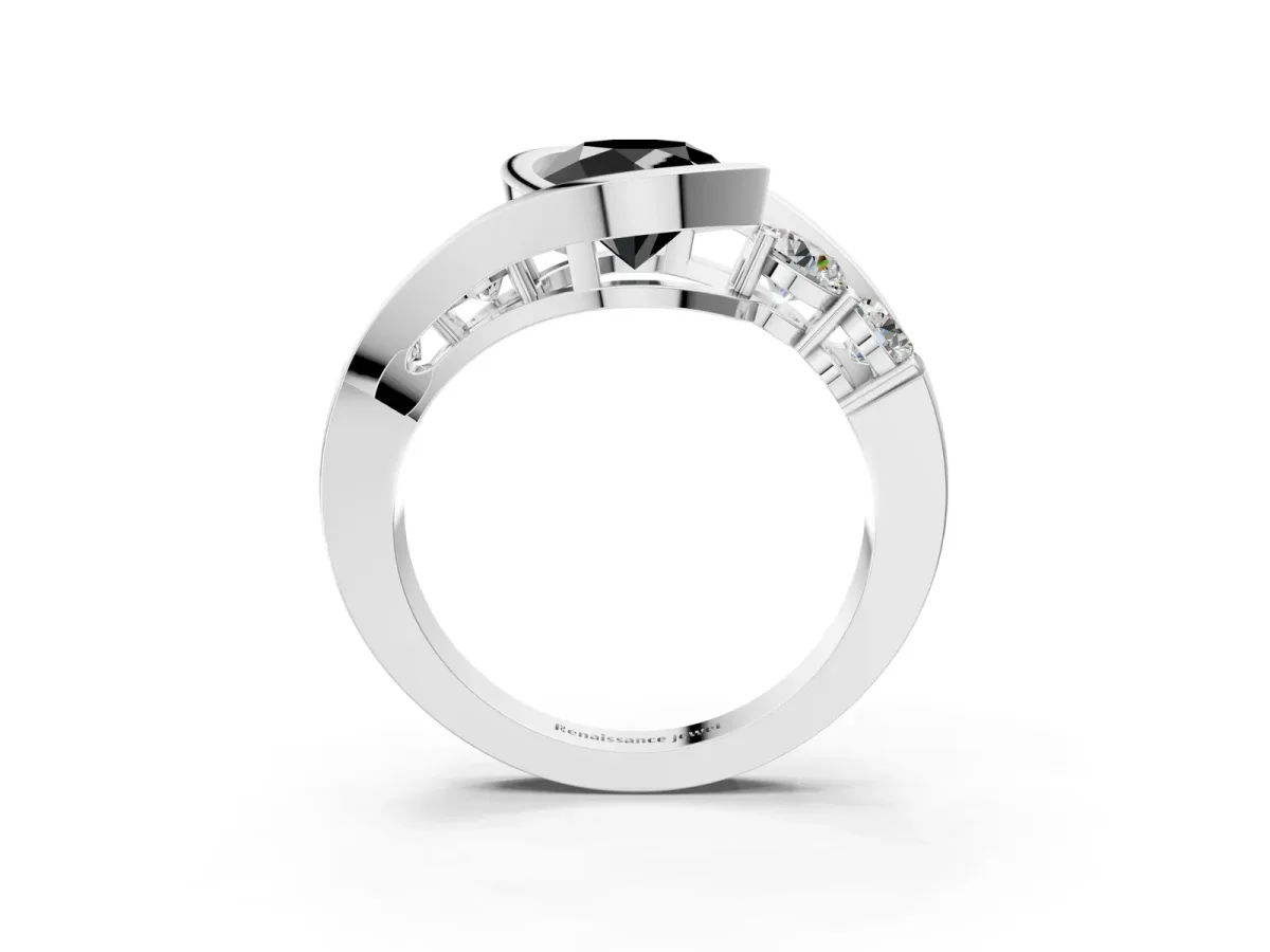 Fancy Black Bezel Set Round Cut Diamond Bypass Ring with Round Accents Platinum