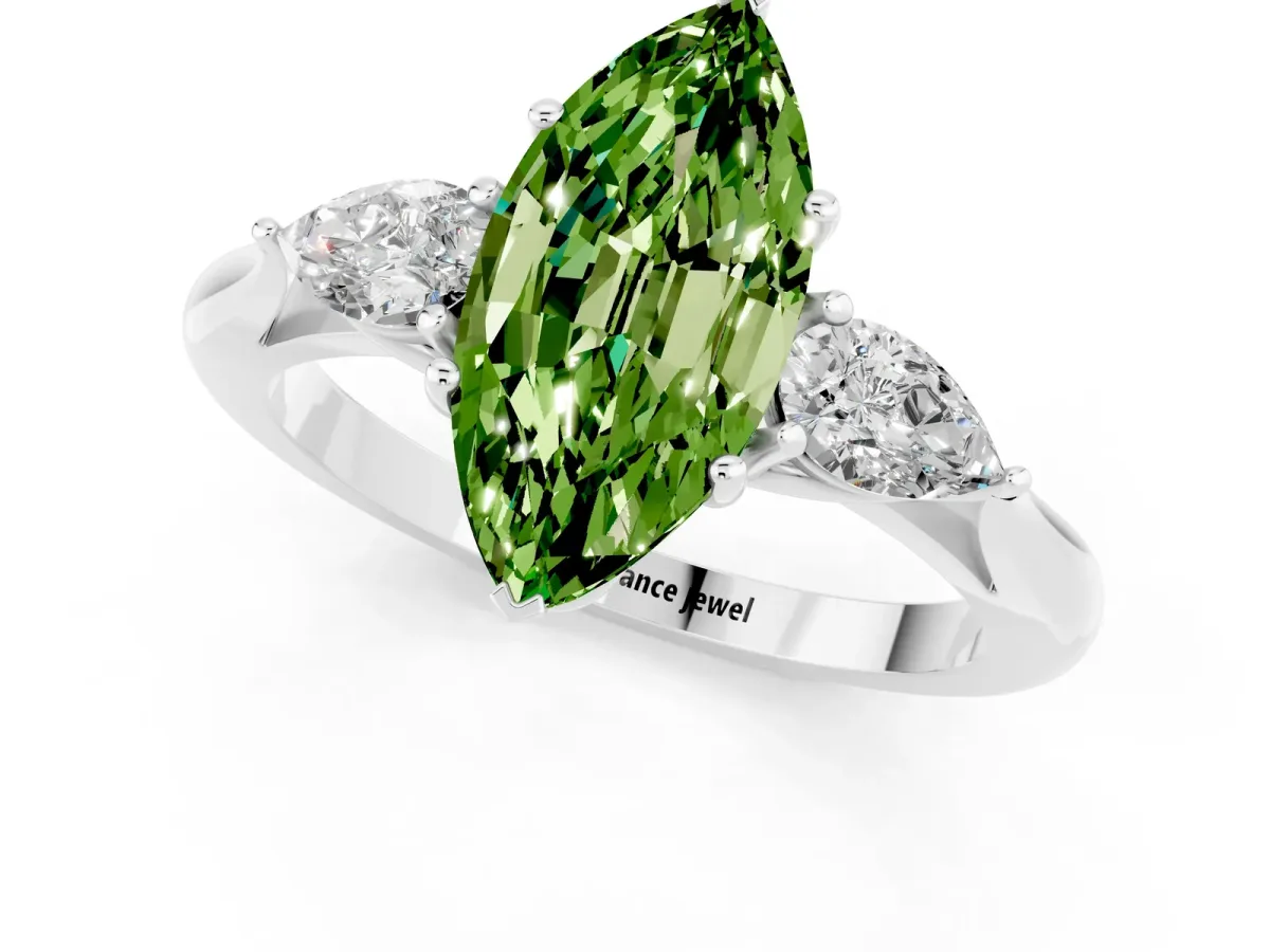 Marquise Cut Peridot Three-Stone Ring with Pear Side Stones and Prong Setting White gold