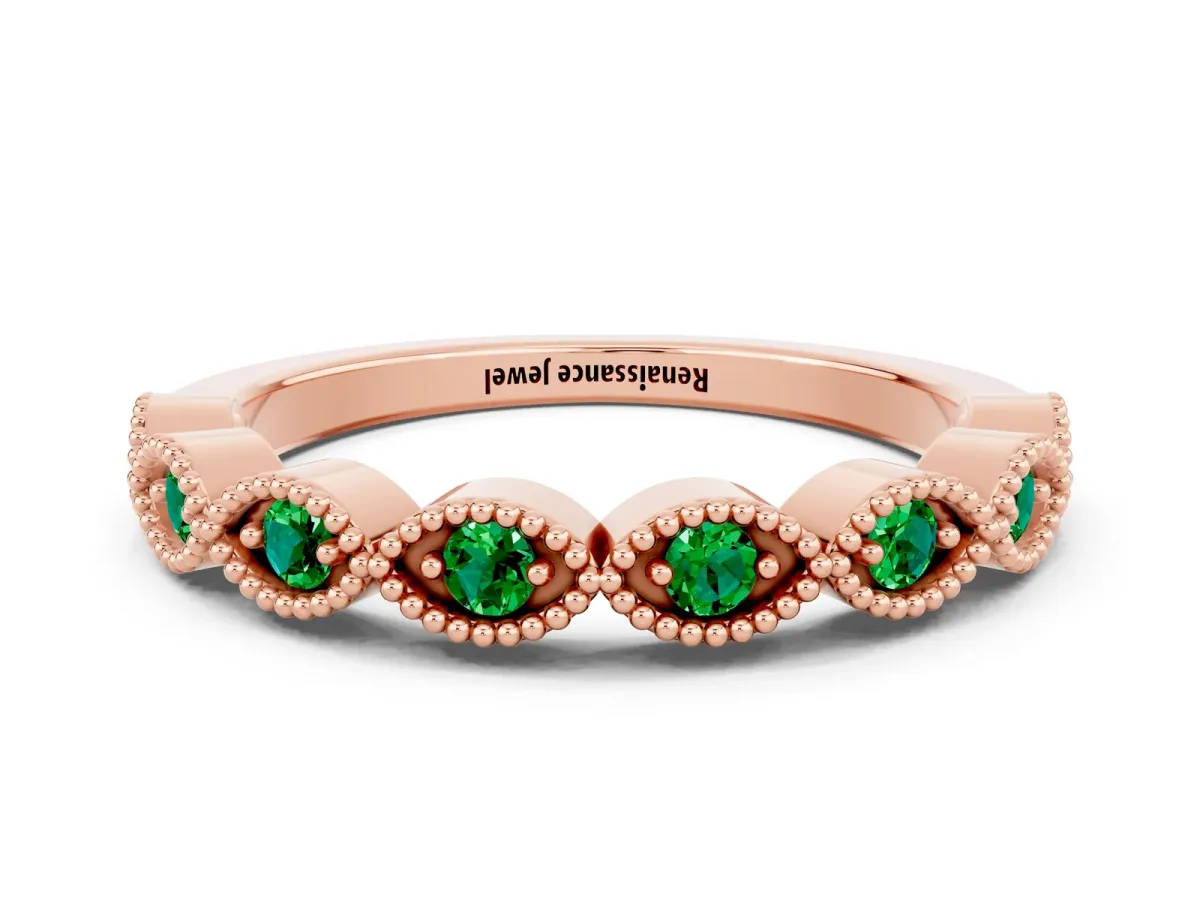 Milgrain Marquise Emerald Half Eternity Band with Bezel Setting Rose gold