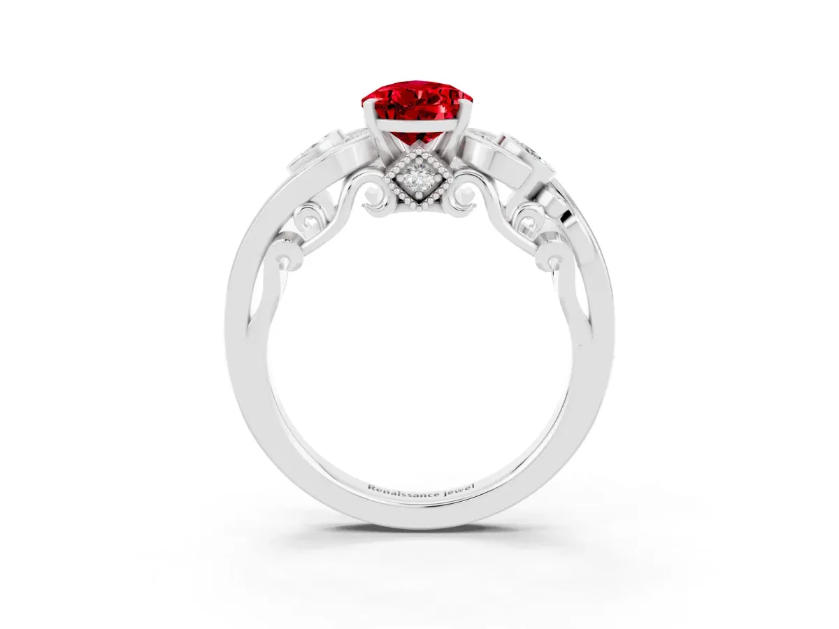 Pear Cut Ruby Solitaire Ring with Milgrain Pavé Band and Four-Prong Setting White gold